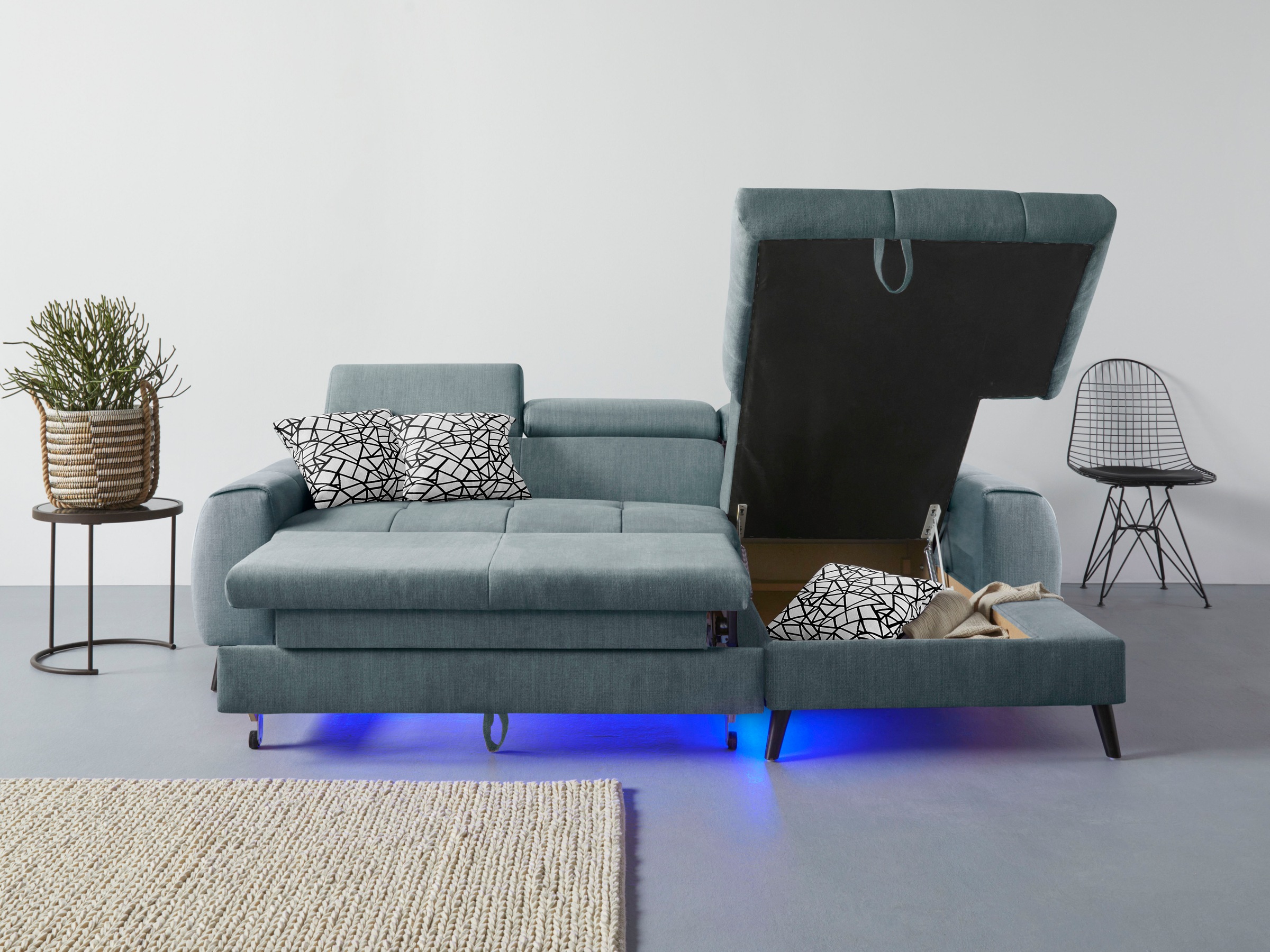 COTTA Ecksofa »Mia L-Form mit 3 Zierkissen«, wahlweise mit Bettfunktion, Bettkasten, Beleuchtung & Wireless-Charger