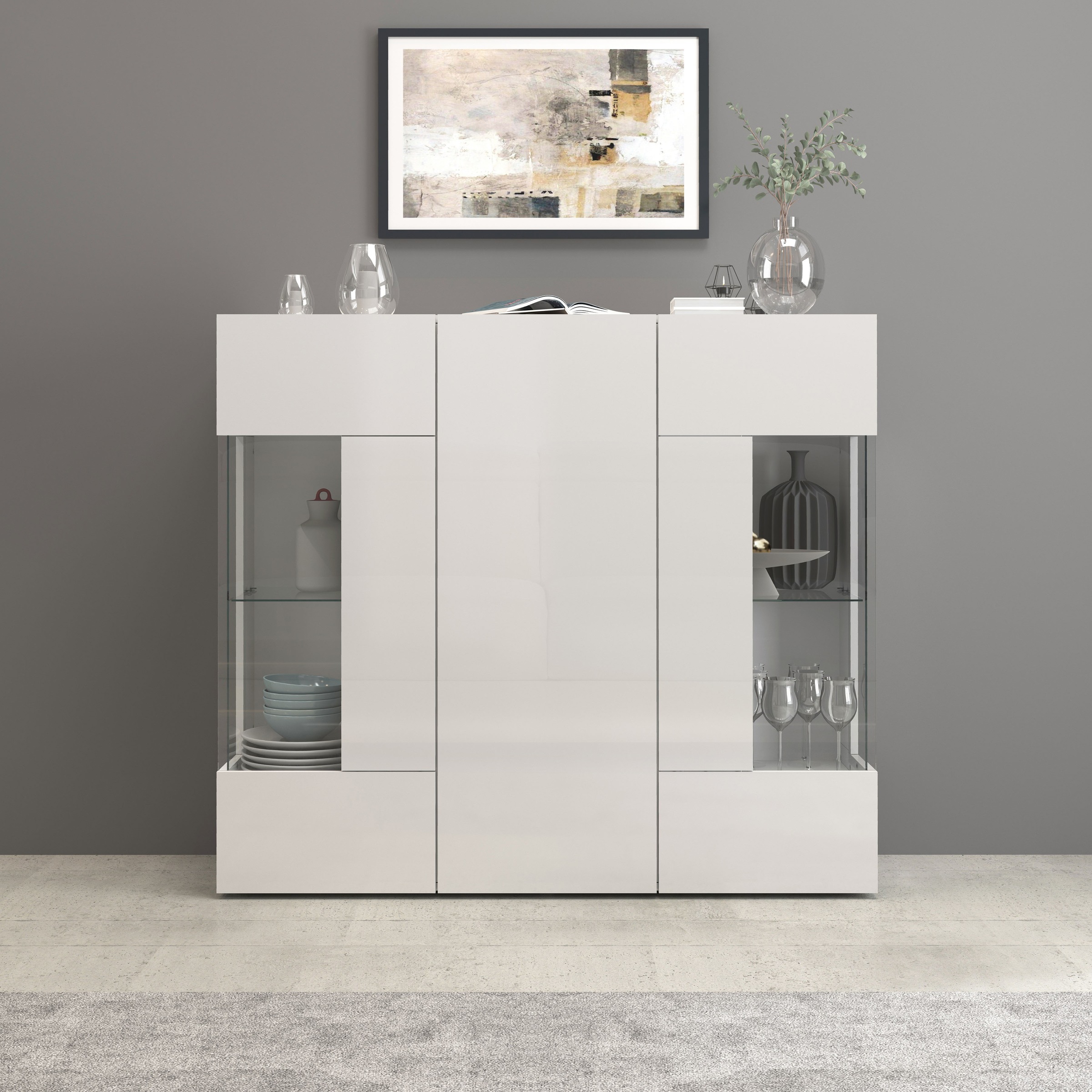 INOSIGN Highboard »Egypt, Highboard, Hochschrank, Hochkommode, Vitrine«, mit 3 Türen davon 2 mit Glaseinsatz,kompl. Hochglanz lack.,Breite 135