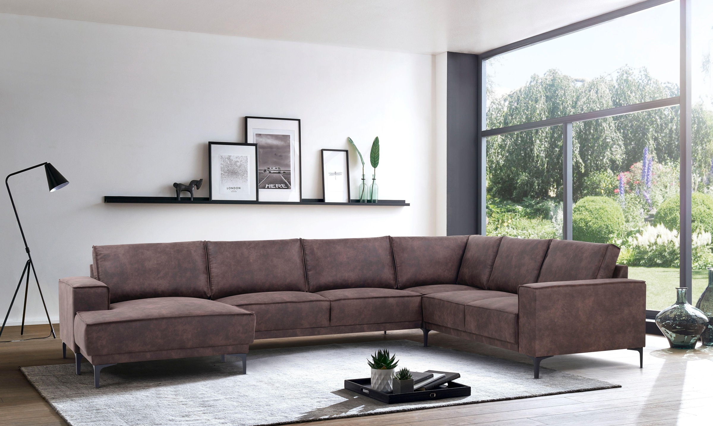 Places of Style Wohnlandschaft »XXL Sofa Oland, Struktur, Flachgewebe, Luxus-Microfaser, Boucle«, U-Form, 342 cm, Wellenunterfederung, Skandi-Design, Metallfüße