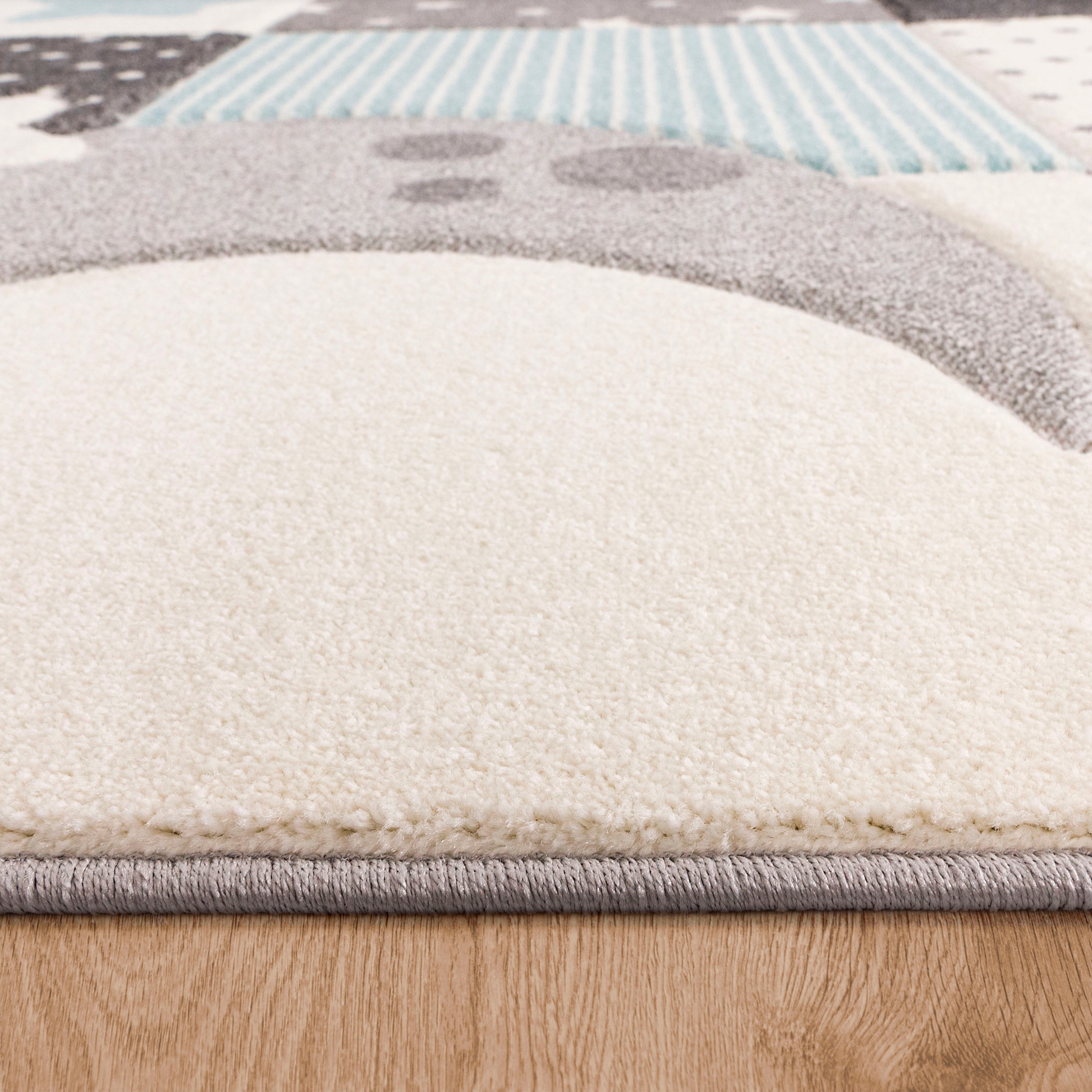 Paco Home Kinderteppich »Cosmo 755«, rechteckig, 18 mm Höhe, 3D-Design, Patchwork Muster, Motiv Sterne, Wolken & Punkte, Pastell