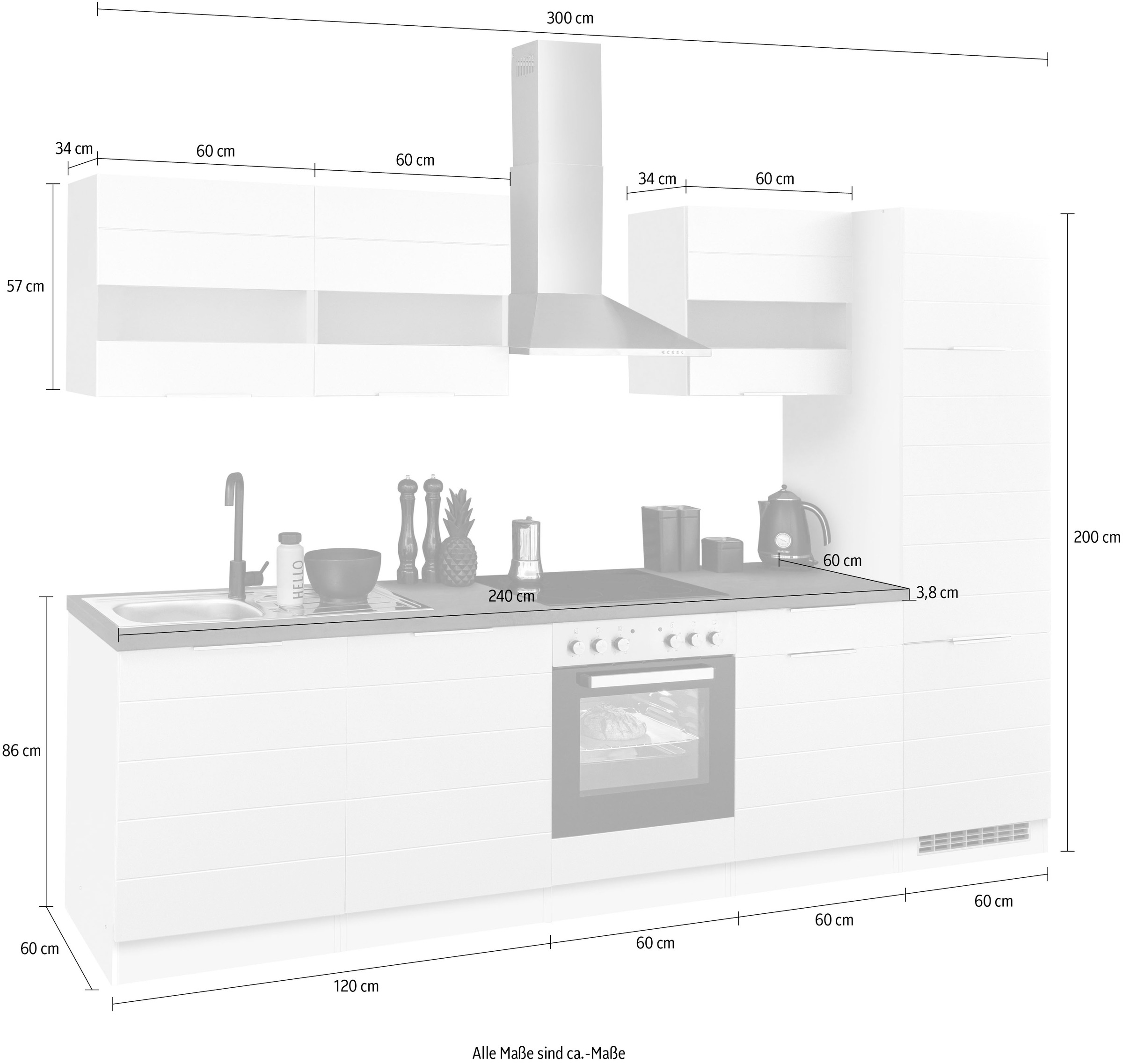 KOCHSTATION Küchenzeile »KS-Luhe« 300 cm breit, wahlweise mit oder ohne E-Geräten, gefräste MDF-Fronten