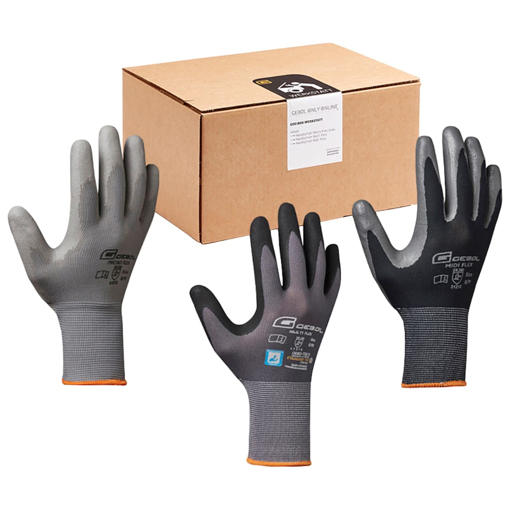 Gebol Arbeitshandschuh-Set »Werkstatt«, (13), 12 Paar Handschuhe und 1 Schutzbrille