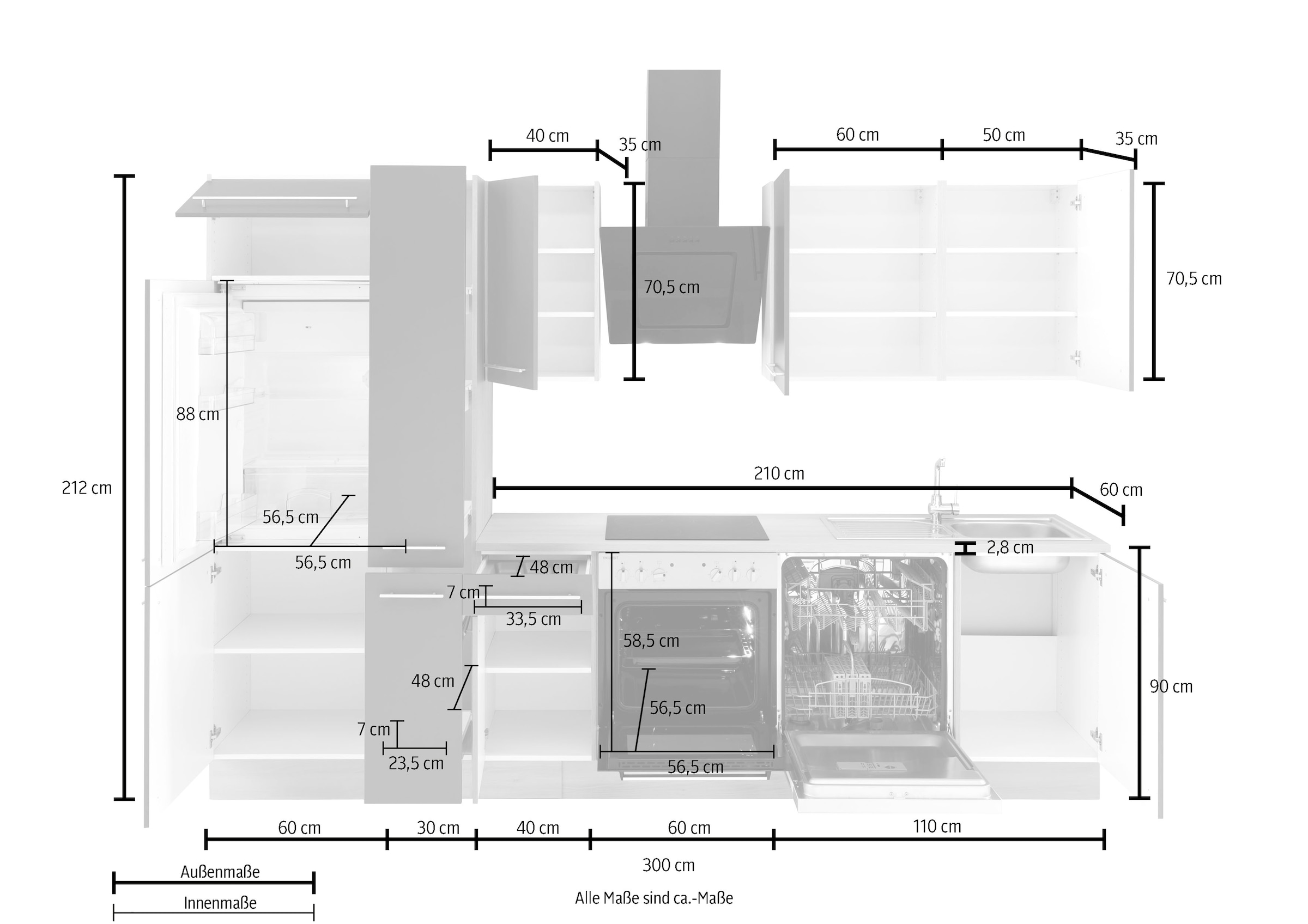 OPTIFIT Küchenzeile »Bern«, Schubkästen Rechnung kaufen Füße, 300 und auf cm, gedämpfte Breite höhenverstellbare Türen