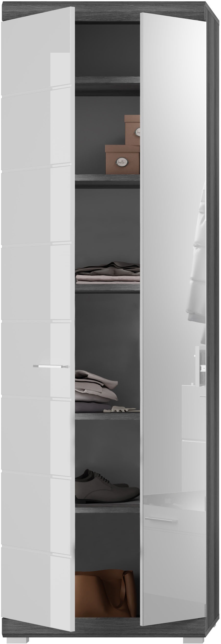 INOSIGN Garderobenschrank »Siena, Höhe 197cm, 2 Türen, 4 Einlegeböden, ausziehbare Kleiderstange«, (1 St.), Scout, Garderobenschrank Höhe 197 cm, 1 Spiegeltür, 6 Fächer