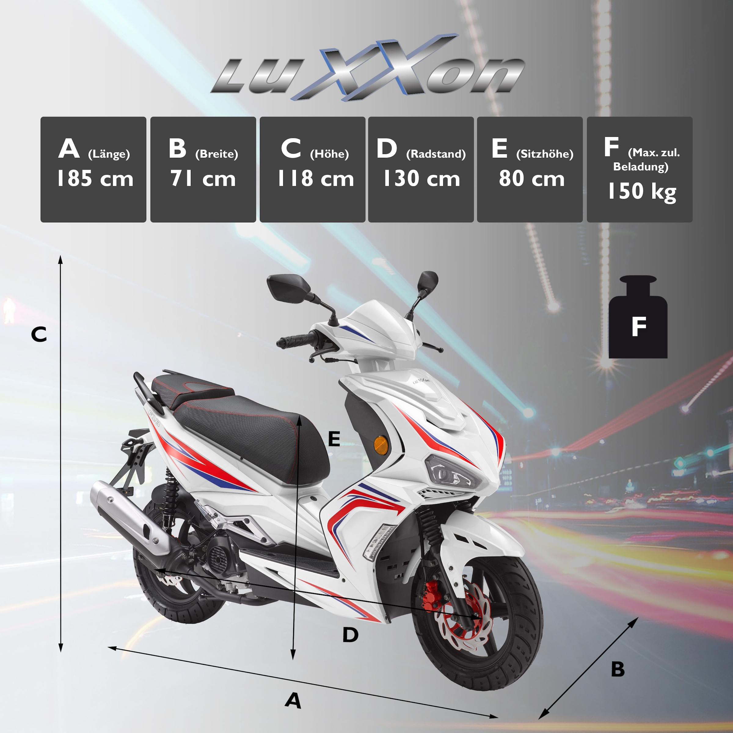 Luxxon Motorroller »F18«, 50 cm³, 45 km/h, Euro 5, 2,9 PS, (abschließbares Staufach), 2 Sitzplätze, für Erwachsene, Sportliches Design, 4-Takt Motor