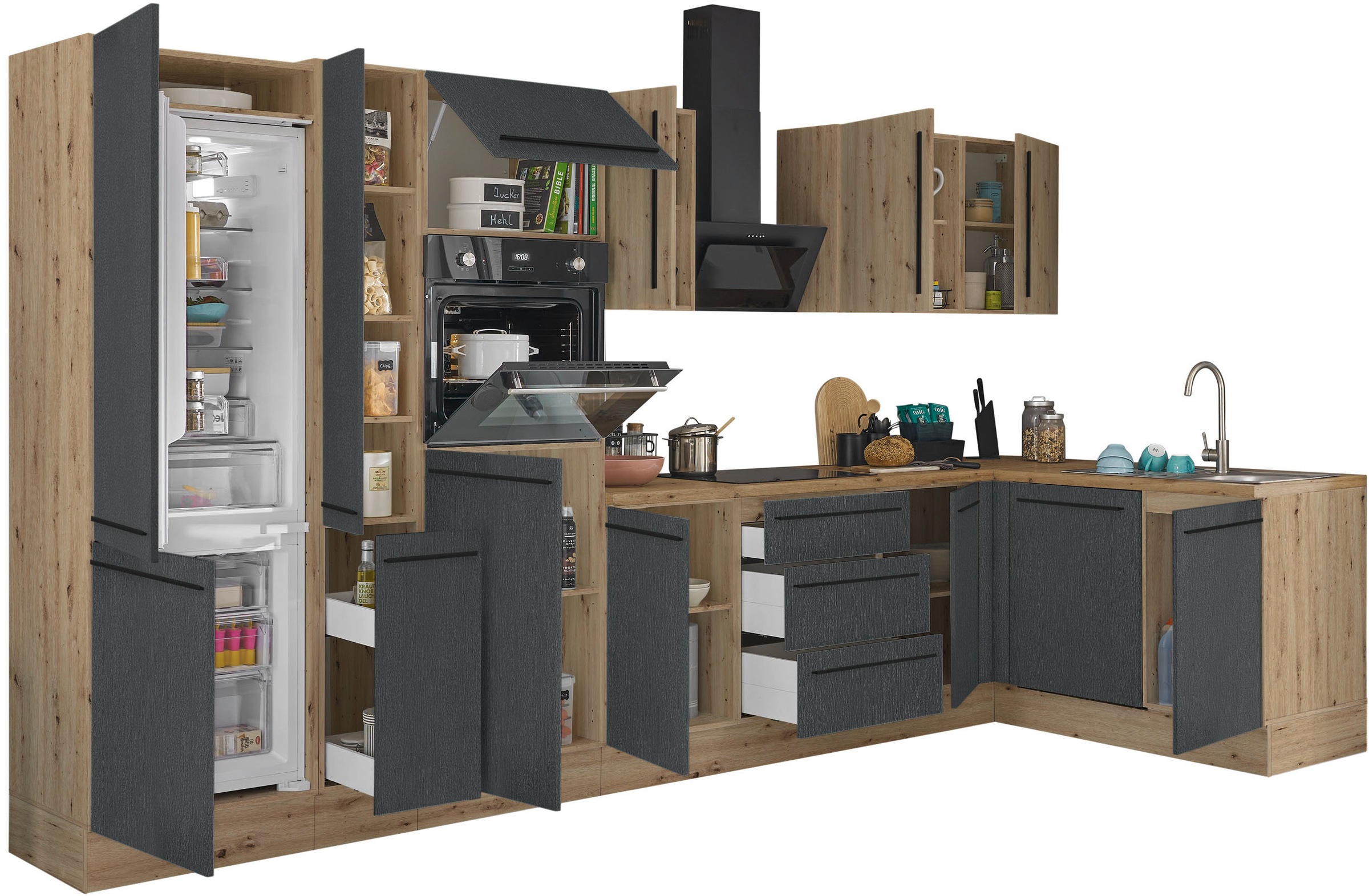 KOCHSTATION Winkelküche »Florida, Stellbreite 370x175 cm« wahlweise mit E-Geräten, mit Softclose für Türen und Schubkästen