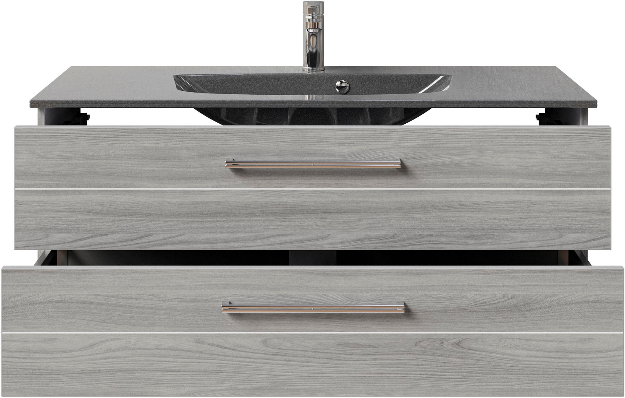 Saphir Badmöbel-Set »Serie 6025 2-teilig Mineralmarmor-Waschtisch mit LED-Spiegelschrank«, (2 St.), Waschplatz 117cm breit, 2 Schubladen, 3 Spiegel-Türen, inkl Türdämpfer