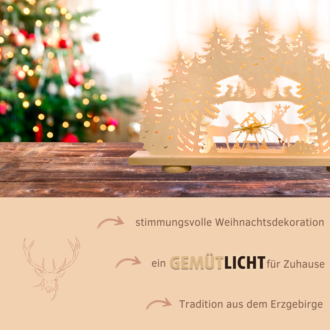 Weigla LED Schwibbogen »Futterkrippe mit echtem Heu, Lichterbogen aus Holz, NATUR« 1 Stk. Made in Germany, Weihnachtsdeko Innen, Weihnachtsbeleuchtung