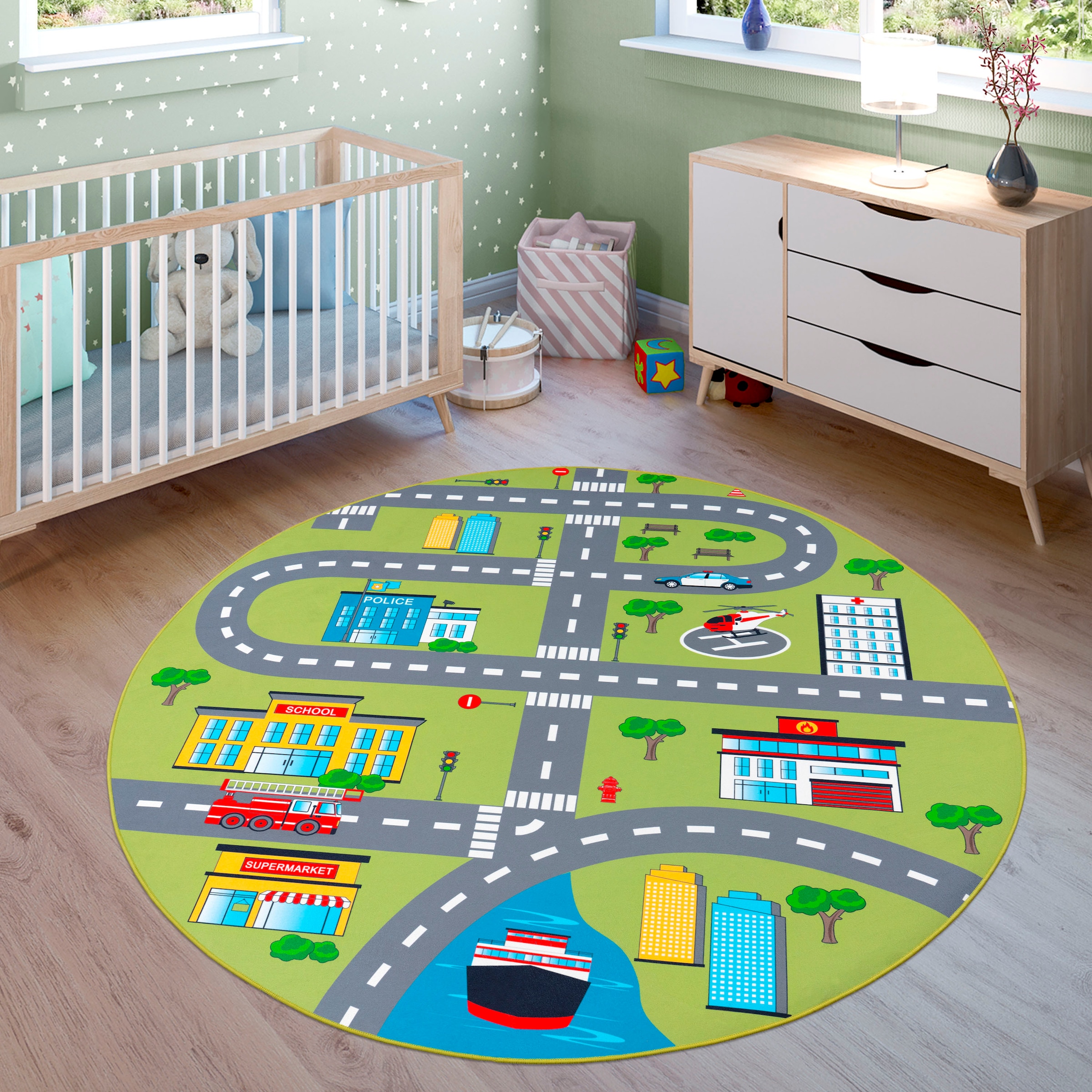 Paco Home Kinderteppich »Bino 570«, rund, 4 mm Höhe, Kurzflor, Straßen-Spie günstig online kaufen