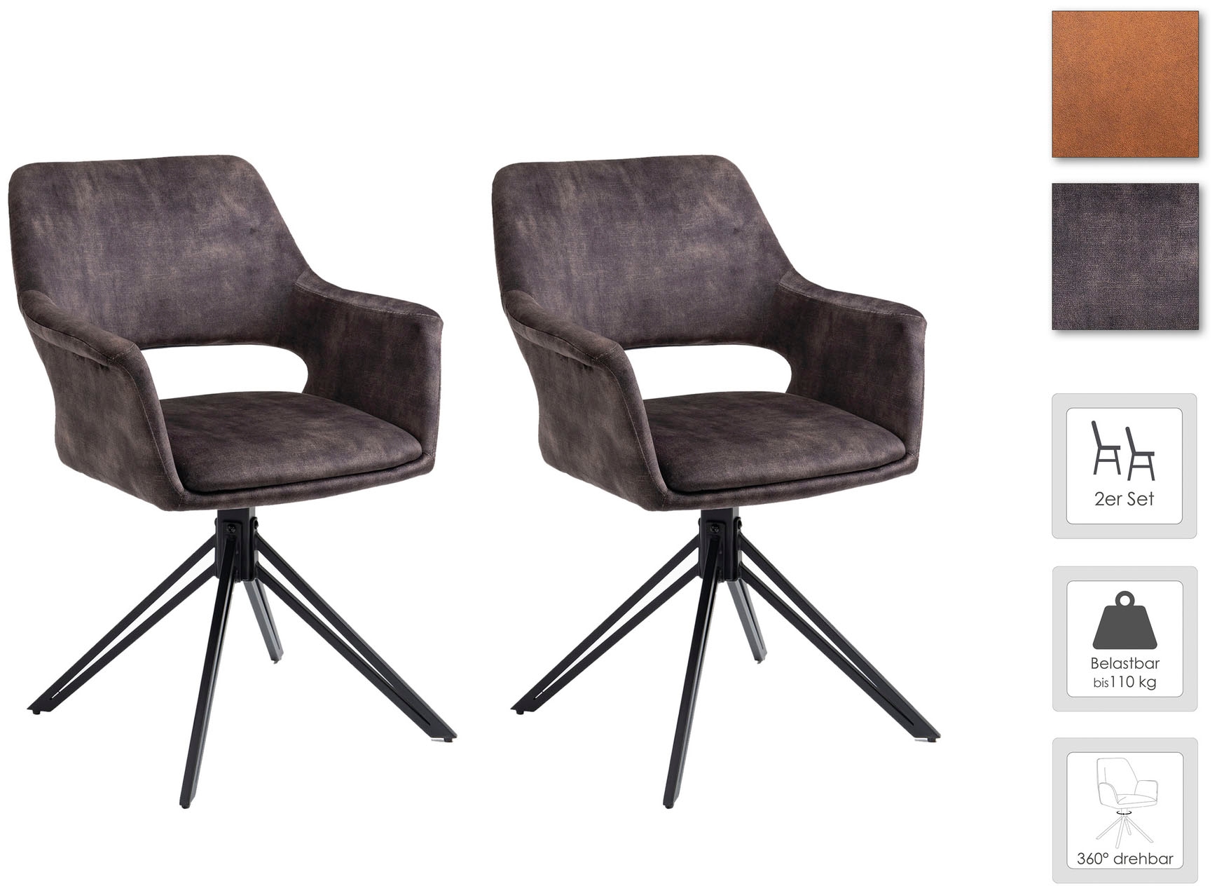 byLIVING Esszimmerstuhl »Estelle«, (Set), 2 St., Samtstoff, 360 Grad drehbar