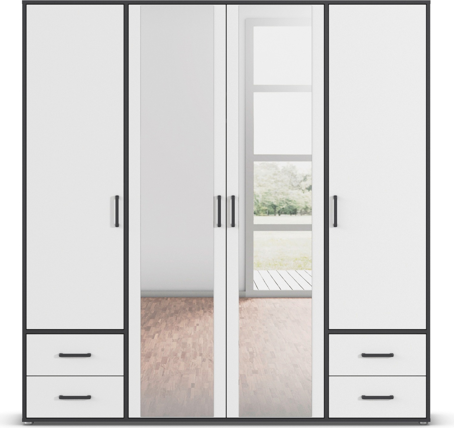 rauch Drehtürenschrank »Kleiderschrank Schrank Garderobe Wäscheschrank VOYAGER«, (in 3 verschiedenen Ausstattungen BASIC/CLASSIC/PREMIUM), mit modernen Griffen in Graumetallic, inkl. Schubkästen und Spiegel