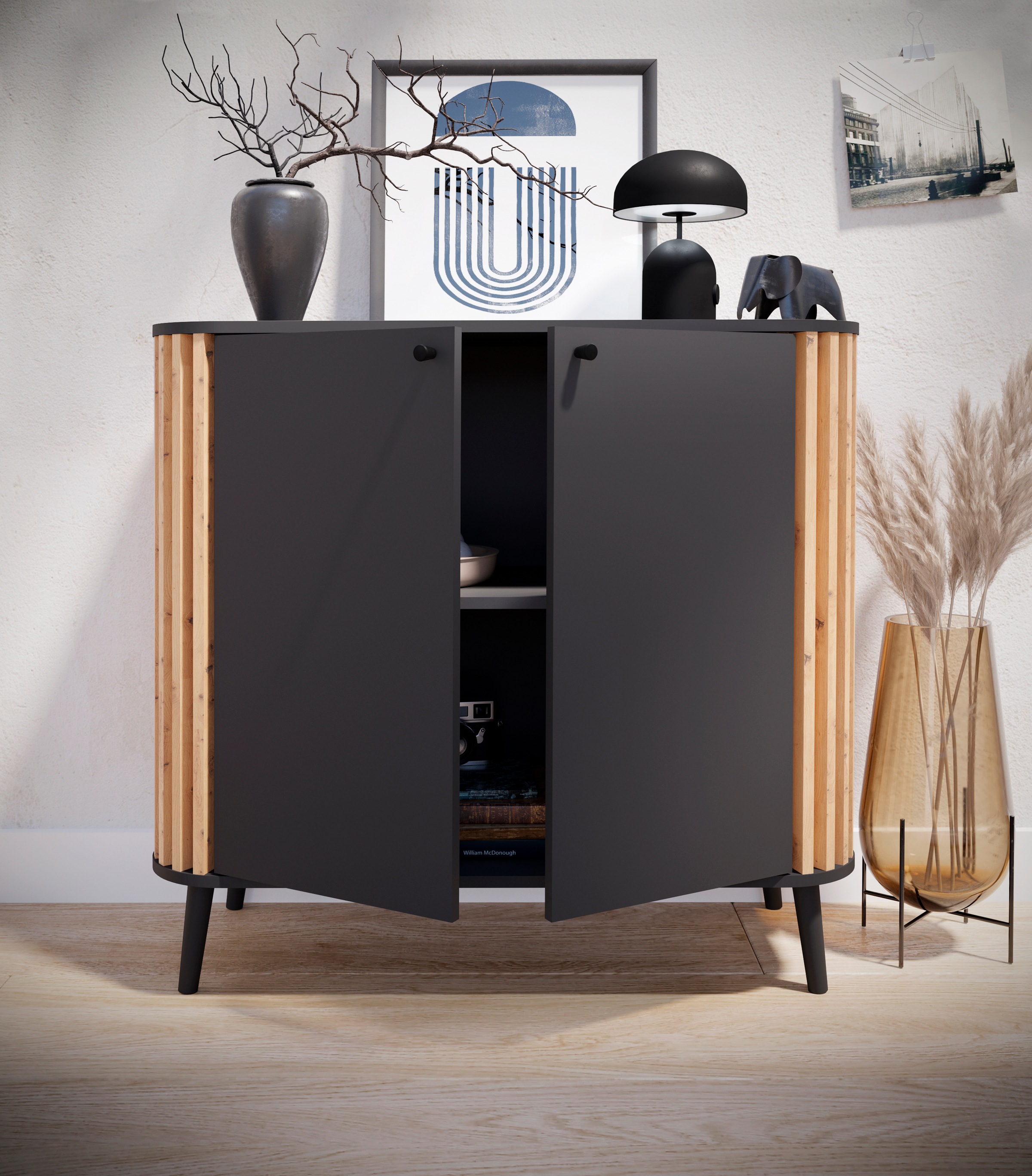 INOSIGN Kommode »Stavanger, Breite 92 cm, Paneel-Stäbchen-Optik, 2 Türen, 2 Fächer«, (1 St.), 1 Einlegeboden, Anrichte, Schrank, Sideboard, Wohnmöbel