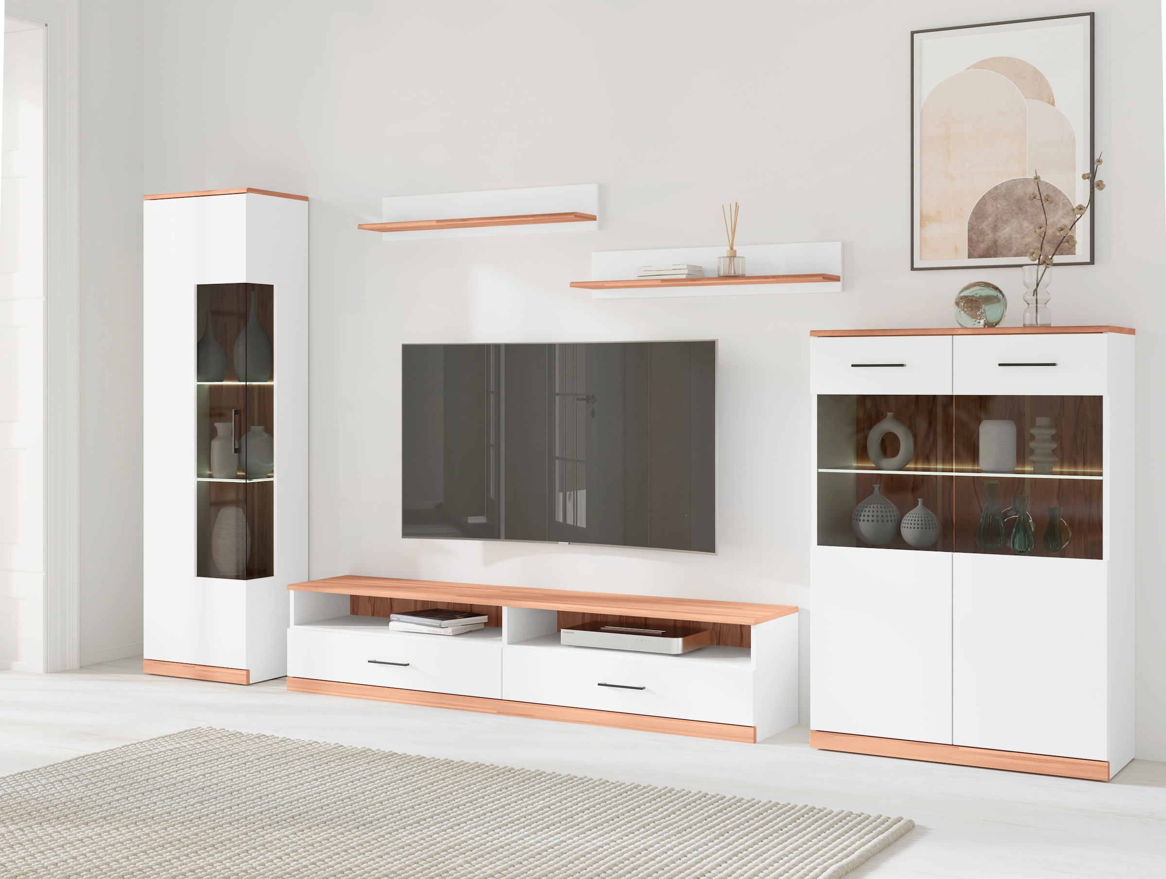 Wohnwand OTTO HOME "Ribe Wohnwand Set-5 St.", weiß (weiß, kernbuche)