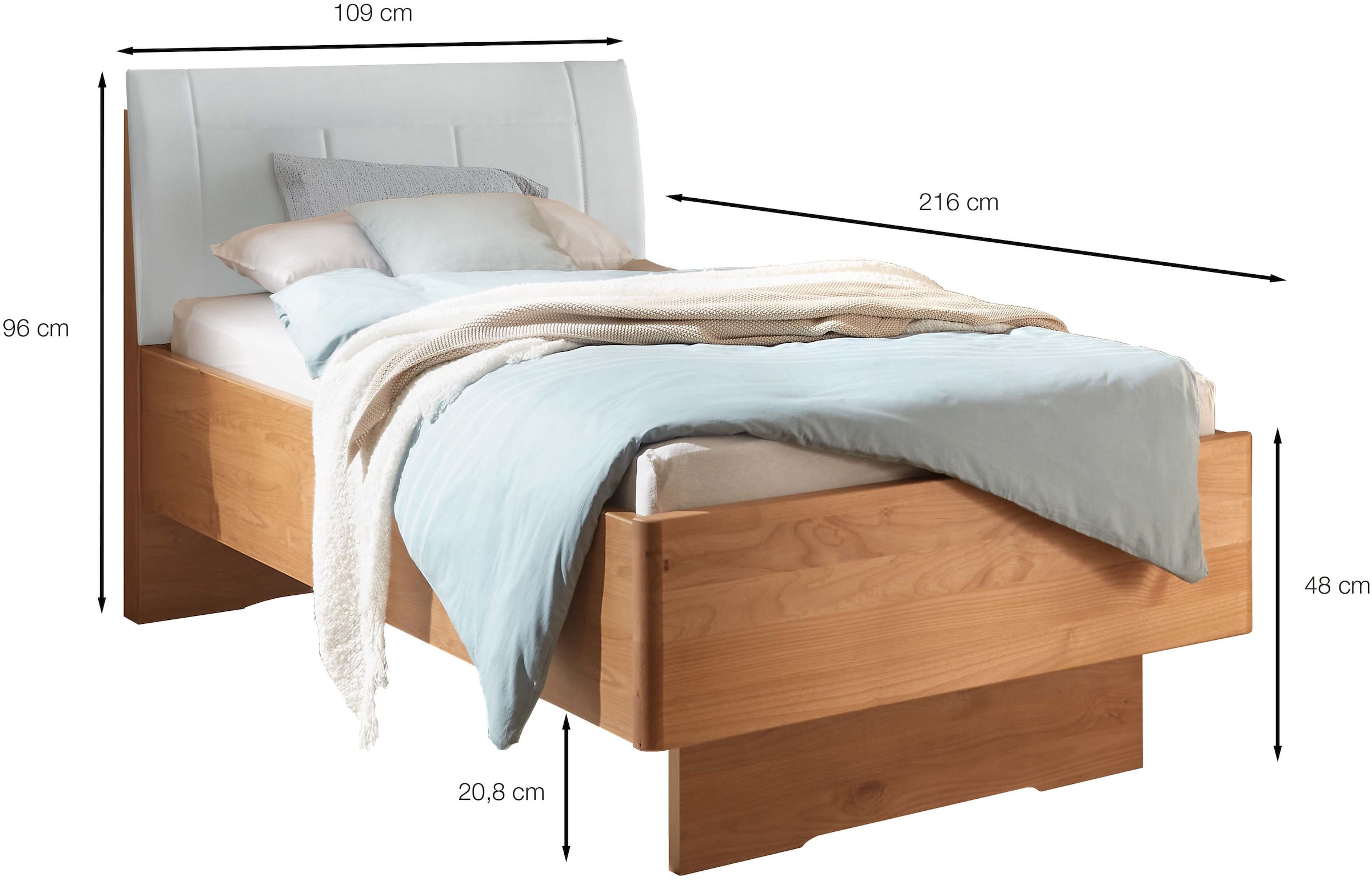 WIEMANN Holzbett »Cardiff, Bettgestell, Bettrahmen, teilmassiv, mit Polsterkopfteil«, (Belastbarkeit 110/220 Kg, 4-fache höhenverstellbar, MADE IN GERMANY), Fußteil aus Massivholz, verschiedene Größen