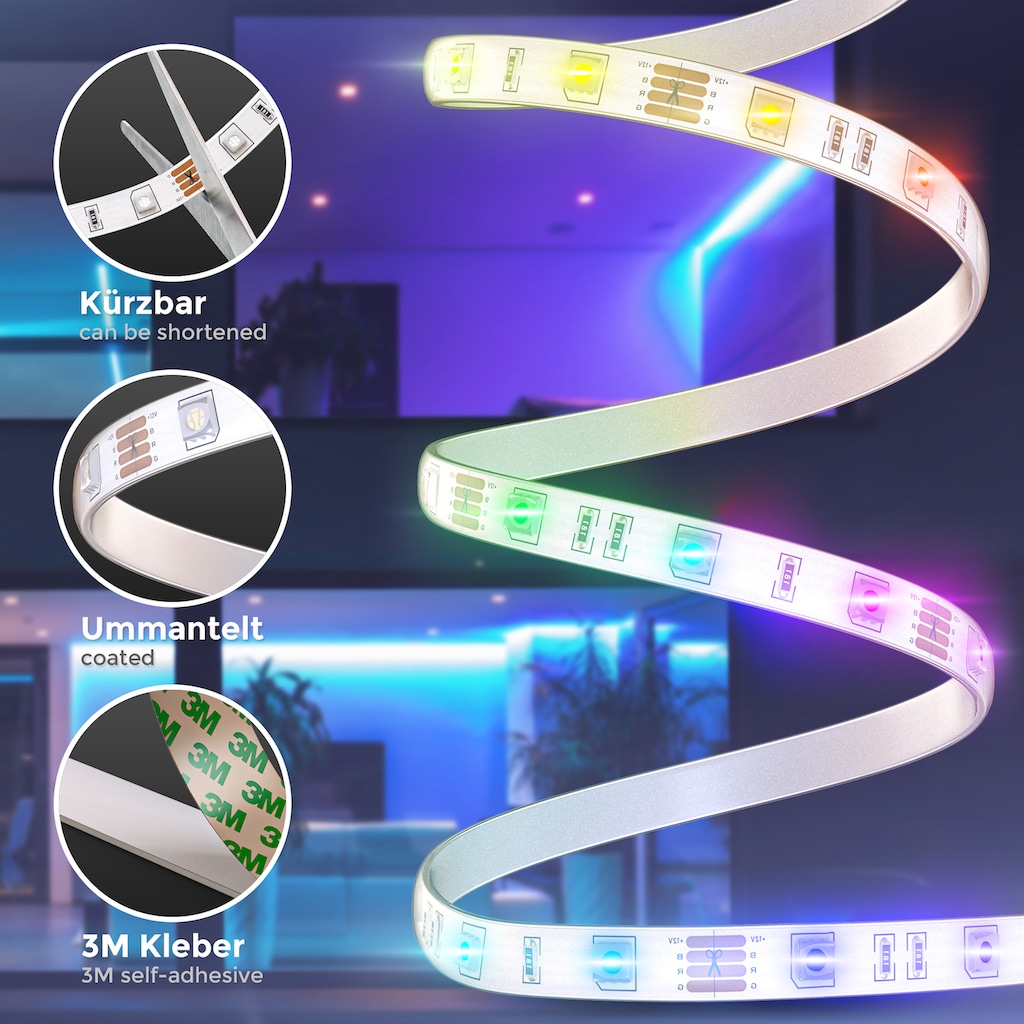 B.K.Licht LED Stripe, LED Band 3m, silikonbeschichtet, RGB, Fernbedienung, selbstklebend