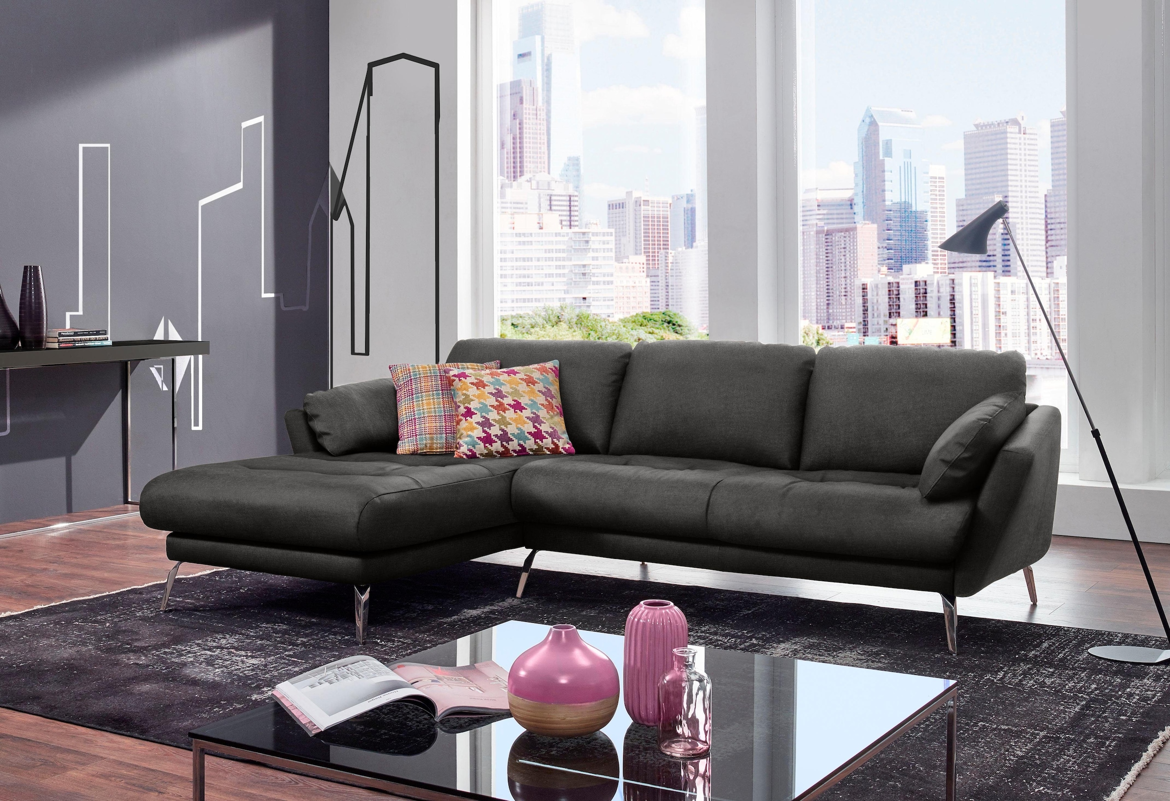 W.SCHILLIG Ecksofa »softy, Designsofa, zeitlos und elegant, hoher Sitzkomfort, L-Form«, mit dekorativer Heftung im Sitz, Füße Chrom glänzend