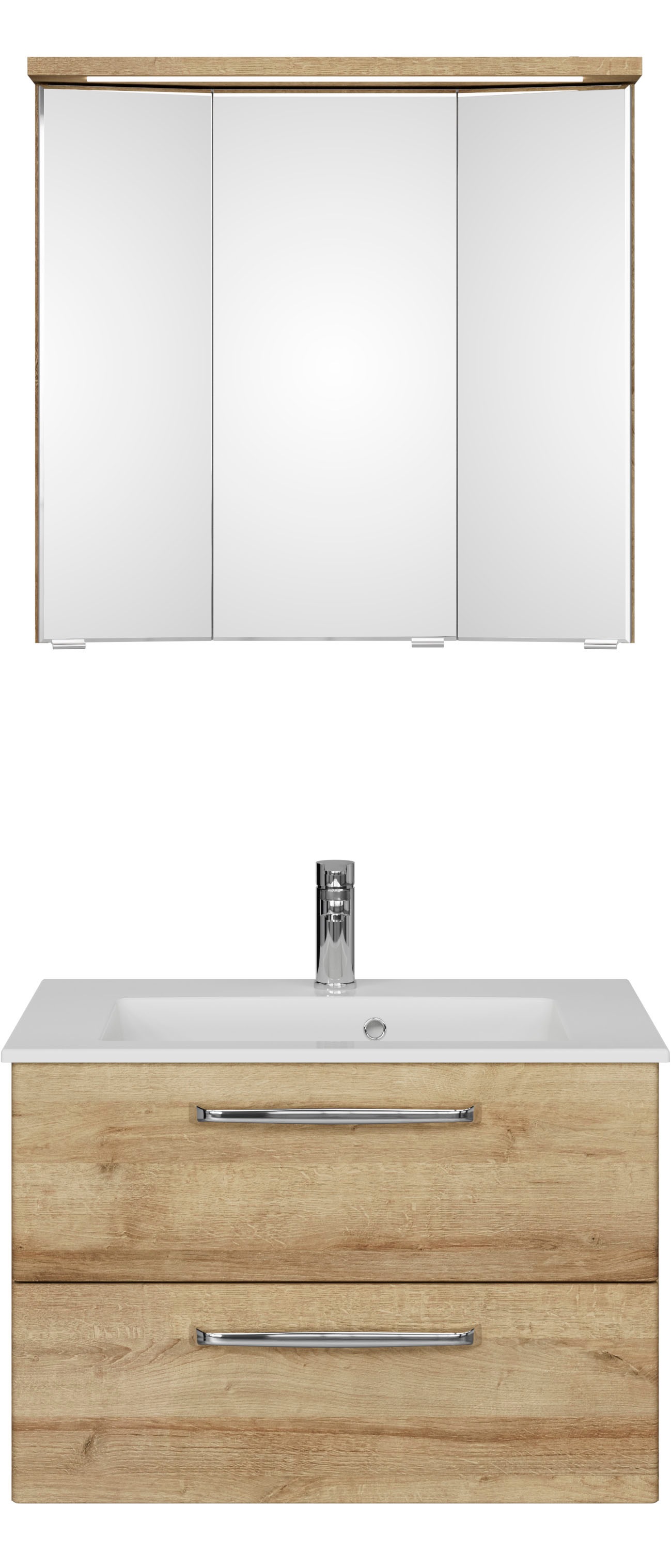Saphir Badmöbel-Set »Trentino 2-teilig Mineralmarmor-Waschtisch mit LED-Spiegelschrank«, (3 St.), Badmöbel-Set 77cm breit, inkl. Türdämpfer, 3 Türen, 2 Auszügen