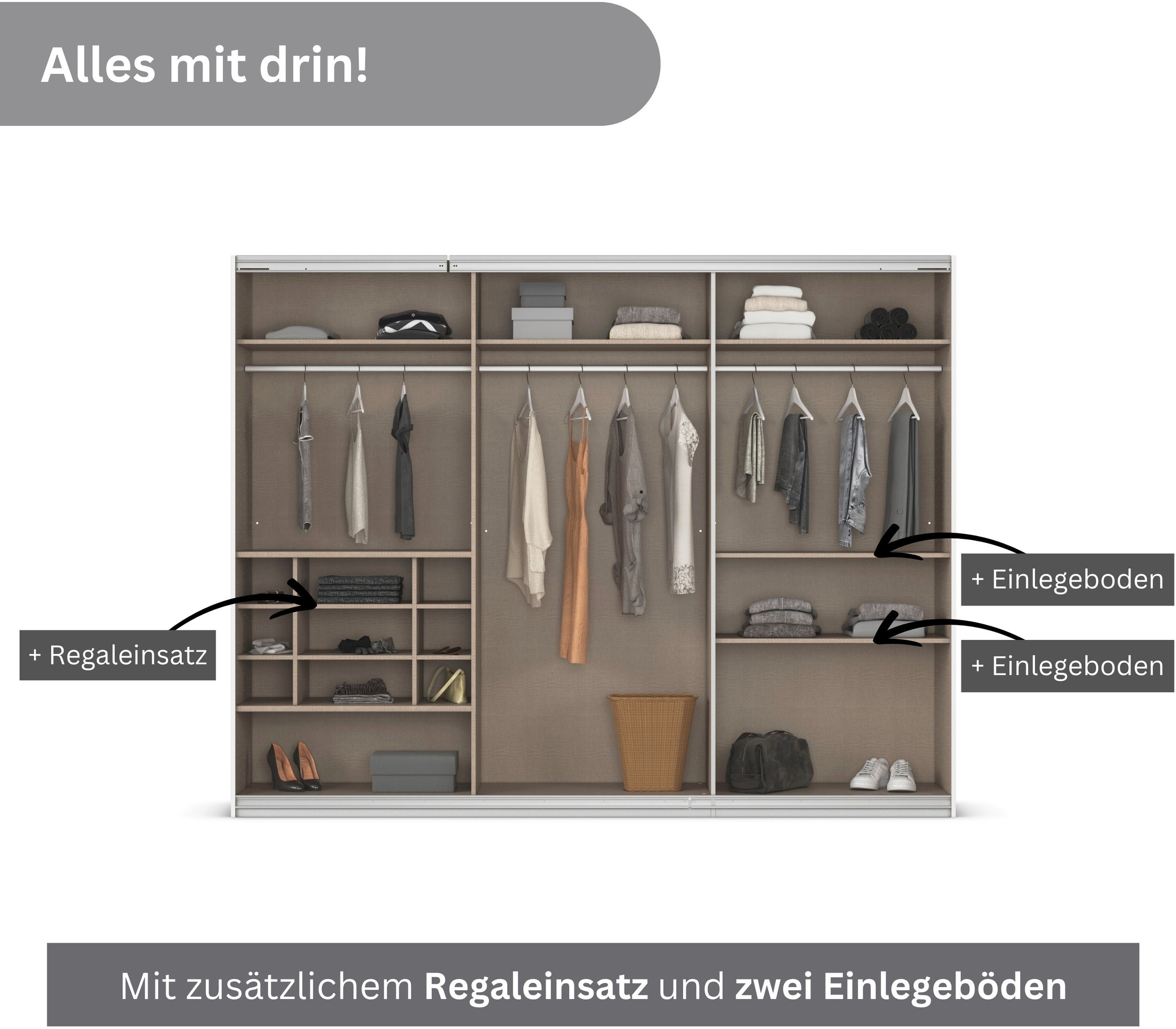 rauch Schwebetürenschrank »Kleiderschrank Schrank Garderobe Wäscheschrank TOMA mit Passepartout«, inkl. Regaleinsatz sowie zusätzlichen Einlegeböden MADE IN GERMANY