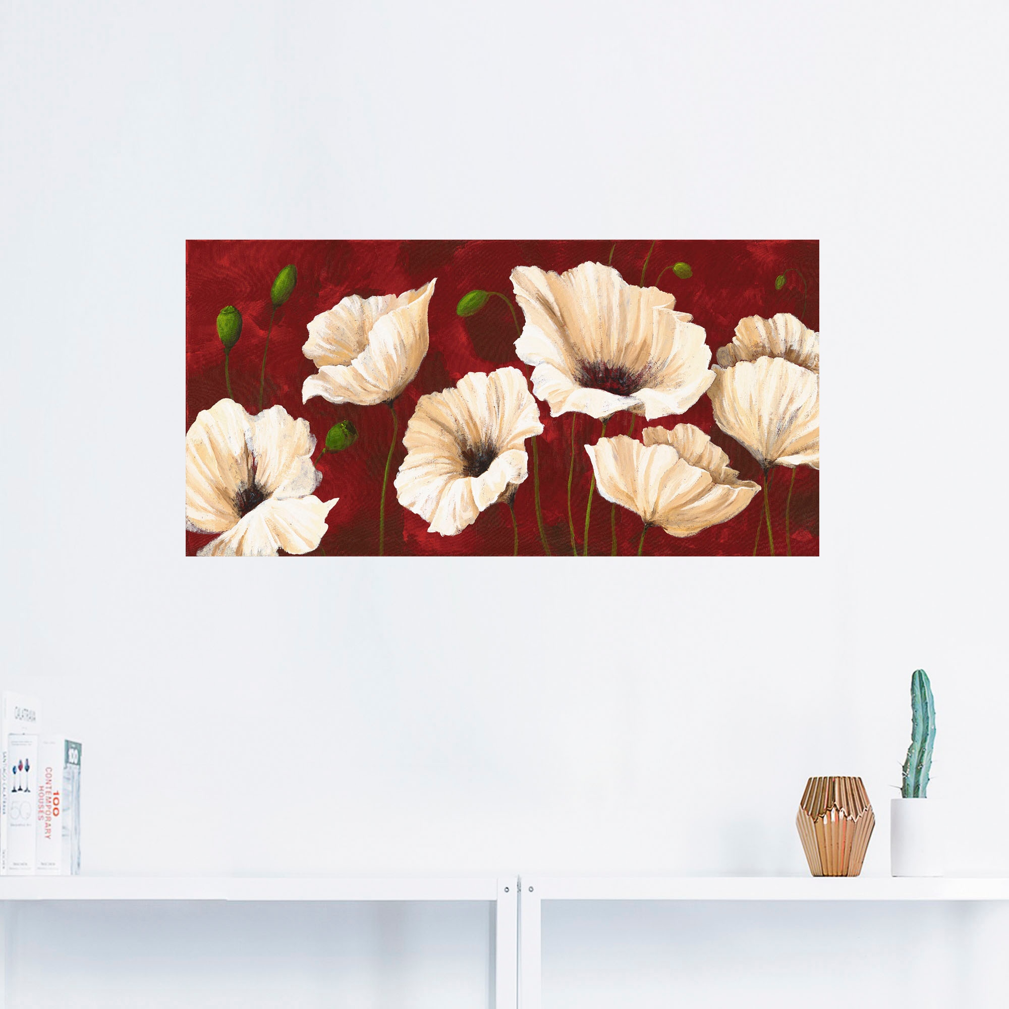 Artland Wandbild »Weiße Mohnblumen vor rot«, Blumen, (1 St.), als Alubild, Outdoorbild, Leinwandbild, Poster, Wandaufkleber