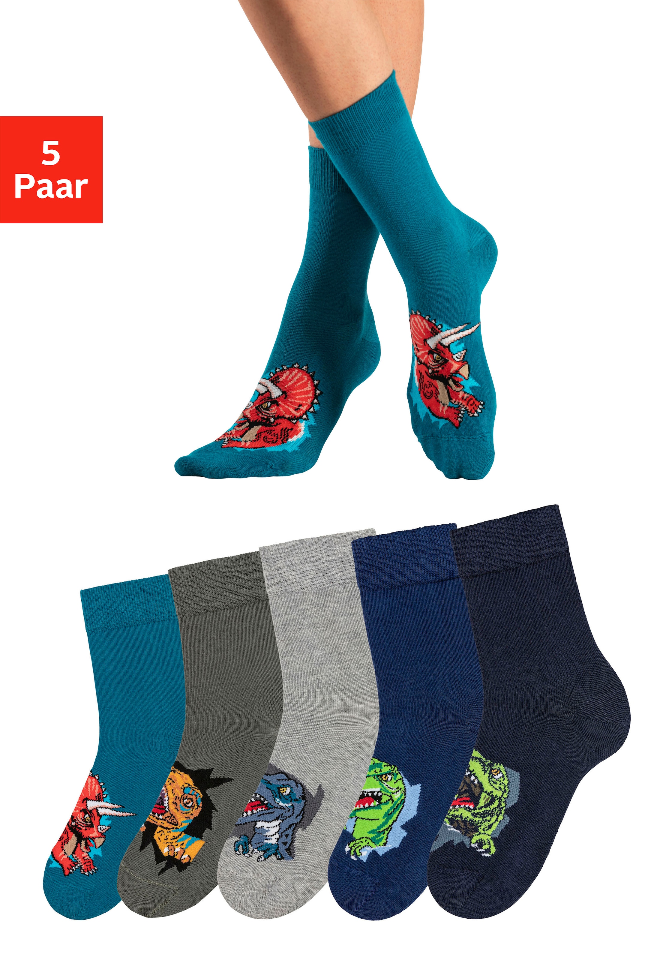 H.I.S Socken, (Packung, 5 Paar), mit Dinosauriermotiven