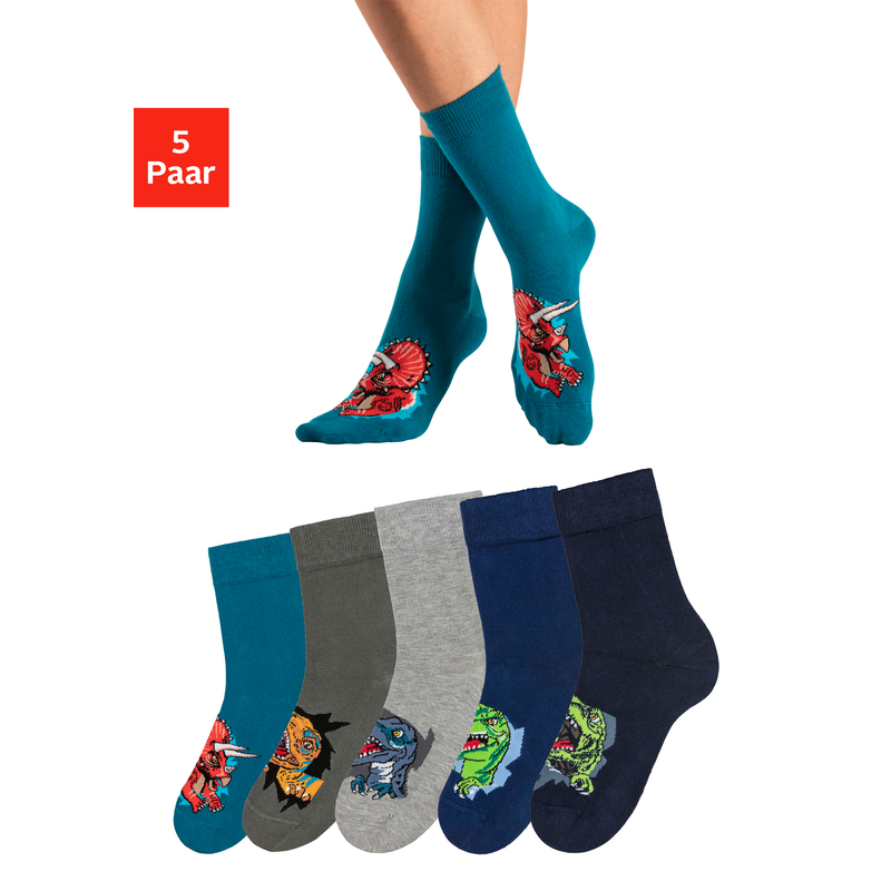 H.I.S Socken Packung, 5 Stk. tlg. mit Dinosauriermotiven 1x navy, 1x petrol, 1x khaki, 1x hellgrau-melange, 1x blau 23-26 23-26 Gemütliche...