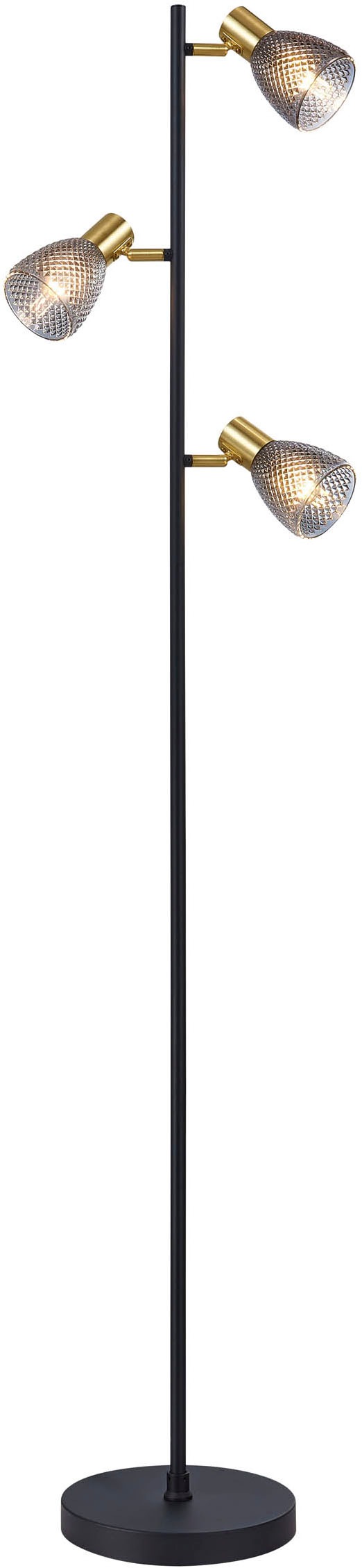 näve Stehlampe »Lindita« E14 1 Stk. 3er Spot, Relief-Glasschirm smokey, Gestell messing matt, 3x E14 exkl.