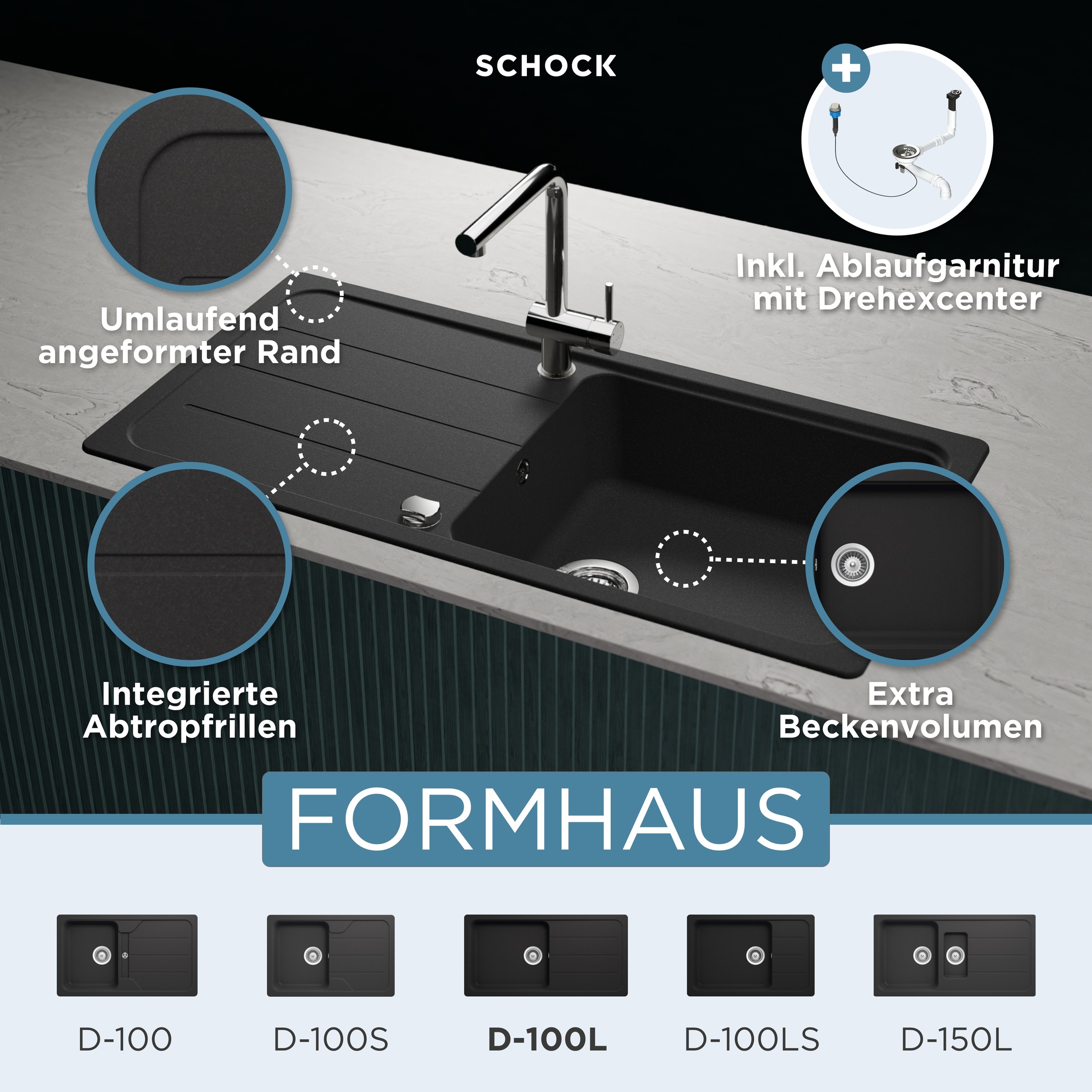 Schock Granitspüle »COMO D-100L«, Inklusive ab- und Überlaufgarnitur, Drehhexcenter, Diamantbohrer
