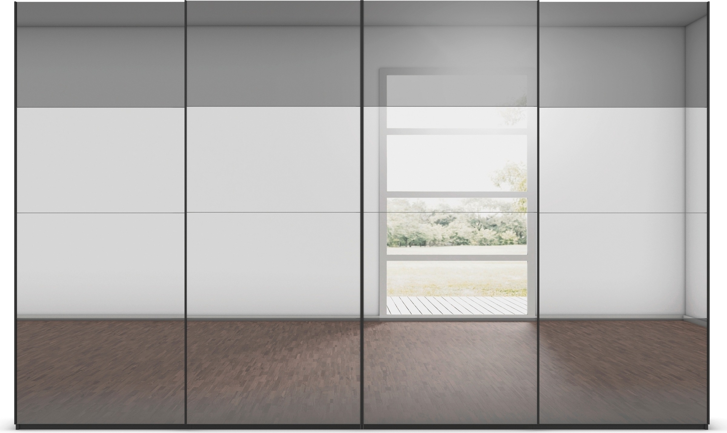 rauch Schwebetürenschrank »Kleiderschrank Schrank Garderobe Schlafzimmerschrank SCALE-FYRA«, edle Türen viergeteilt Front Spiegel-Mix viele Farben MADE IN GERMANY