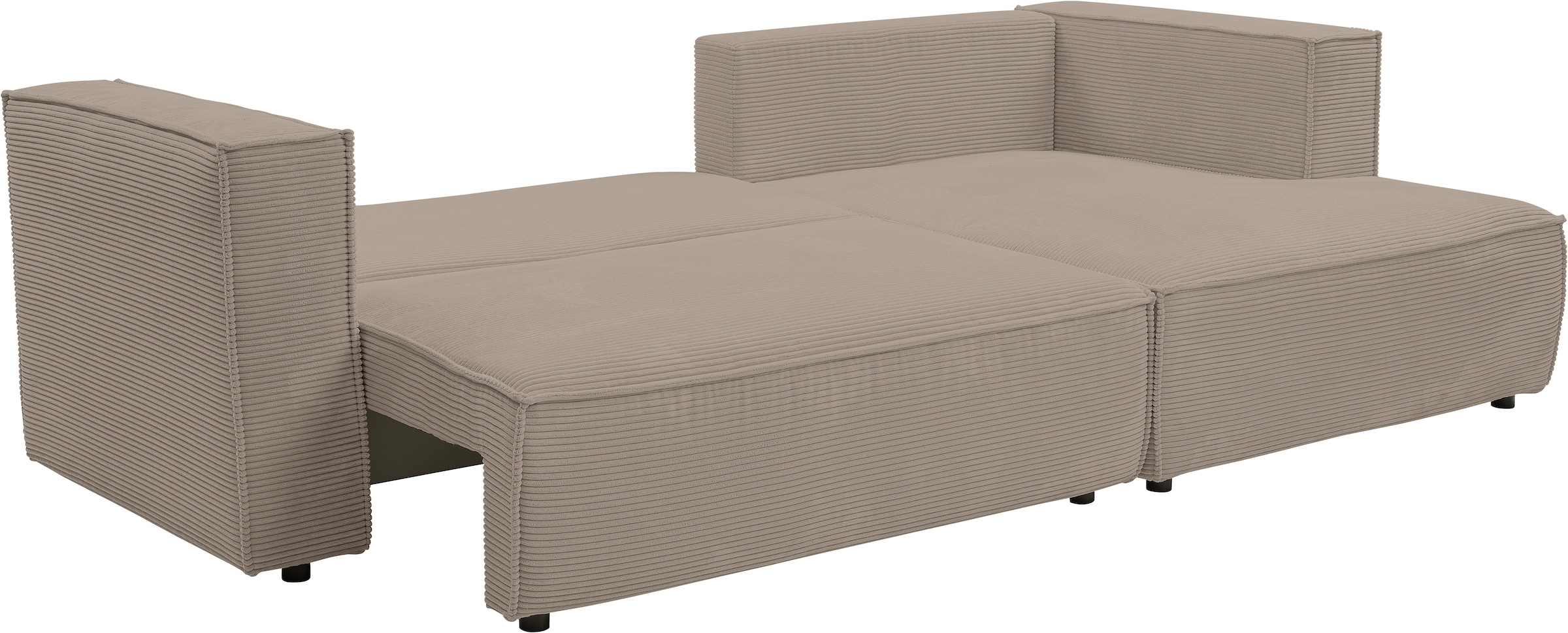 WERK2 Ecksofa »Atlanta-New, modernes Design, Stellmaße 280x147cm, L-Form, Kedernaht«, hoher Komfort, Schlaffunktion & Bettkasten, Cord, Greige