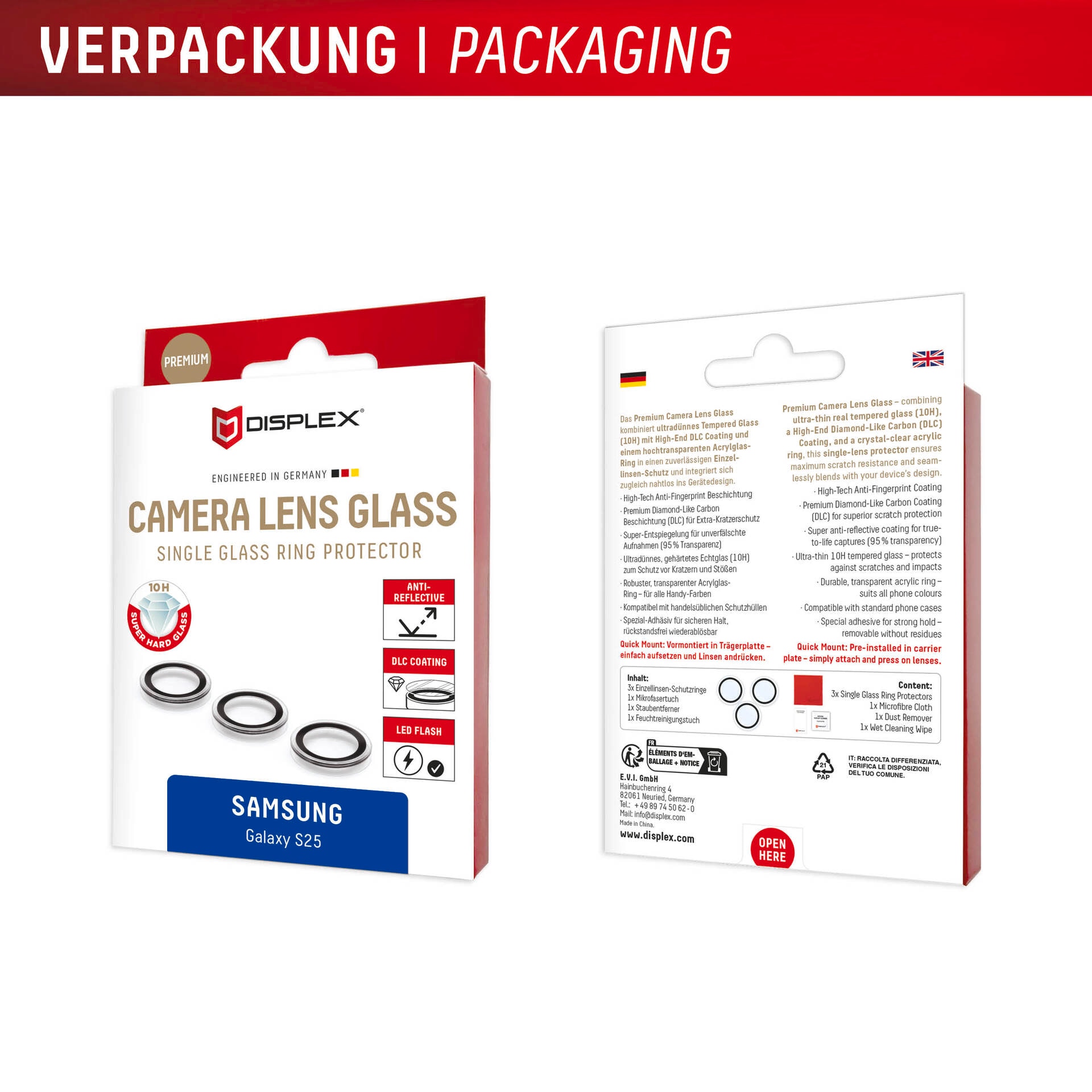 Displex Kameraschutzglas »Camera Lens Glass Single Glass Ring Protector« für Samsung Galaxy S25 Packung, 2x Einzellinsen-Schutzringe,  Objektivschutz, Kameraschutz, kratz- & stoßfest