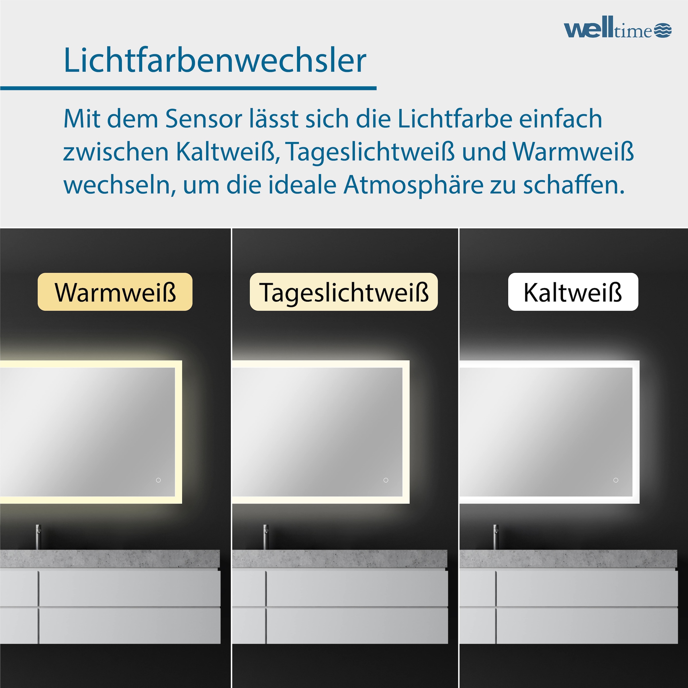 welltime LED-Lichtspiegel »Harmony«, mit Lichtfarbenwechsler und Dimmschalter, in verschiedenen Größen