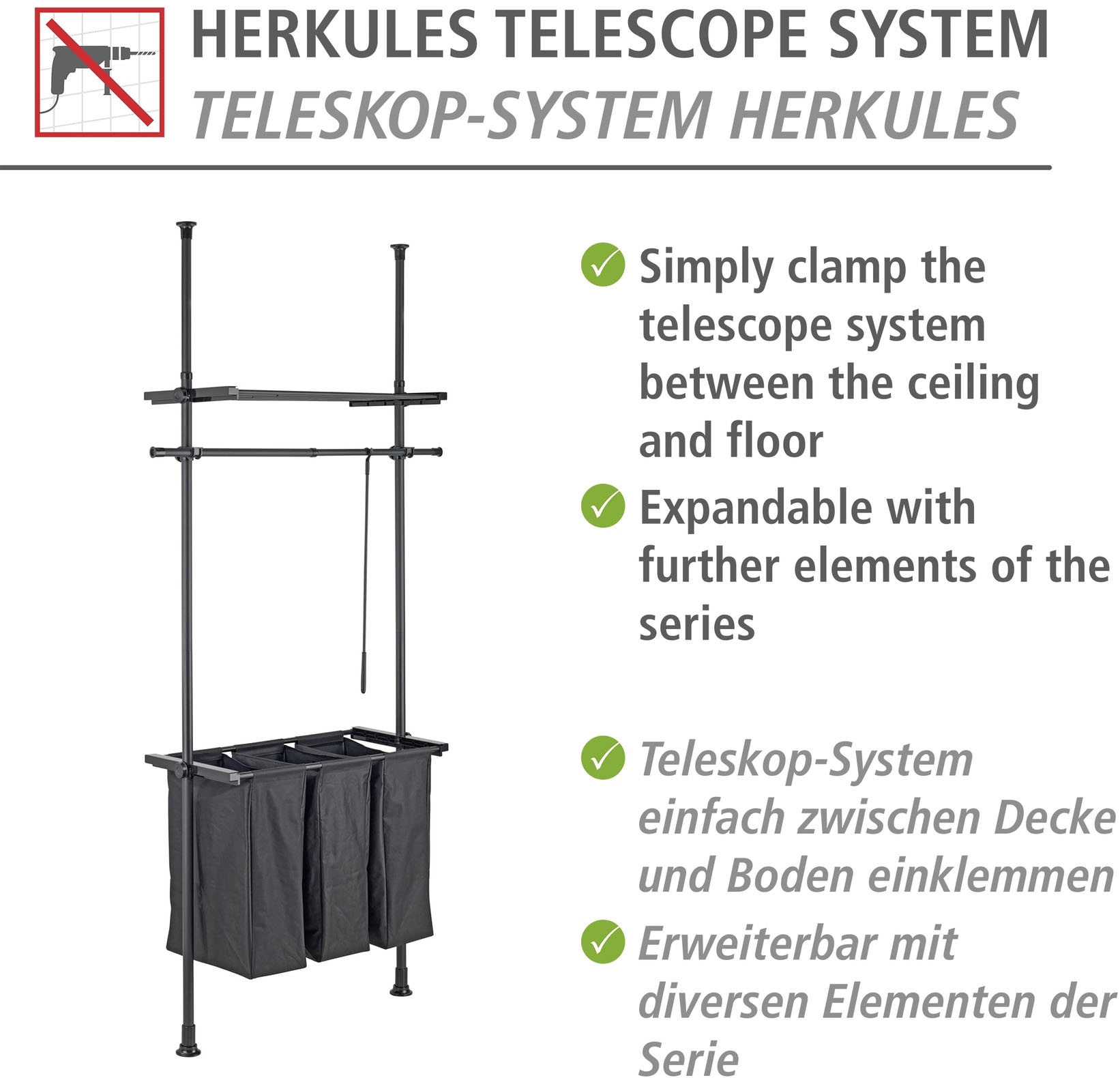 WENKO Wäschesortierer »Herkules (Teleskopsystem)«, Befestigung ohne Bohren, einfaches Einklemmen, 3 Wäschefächer