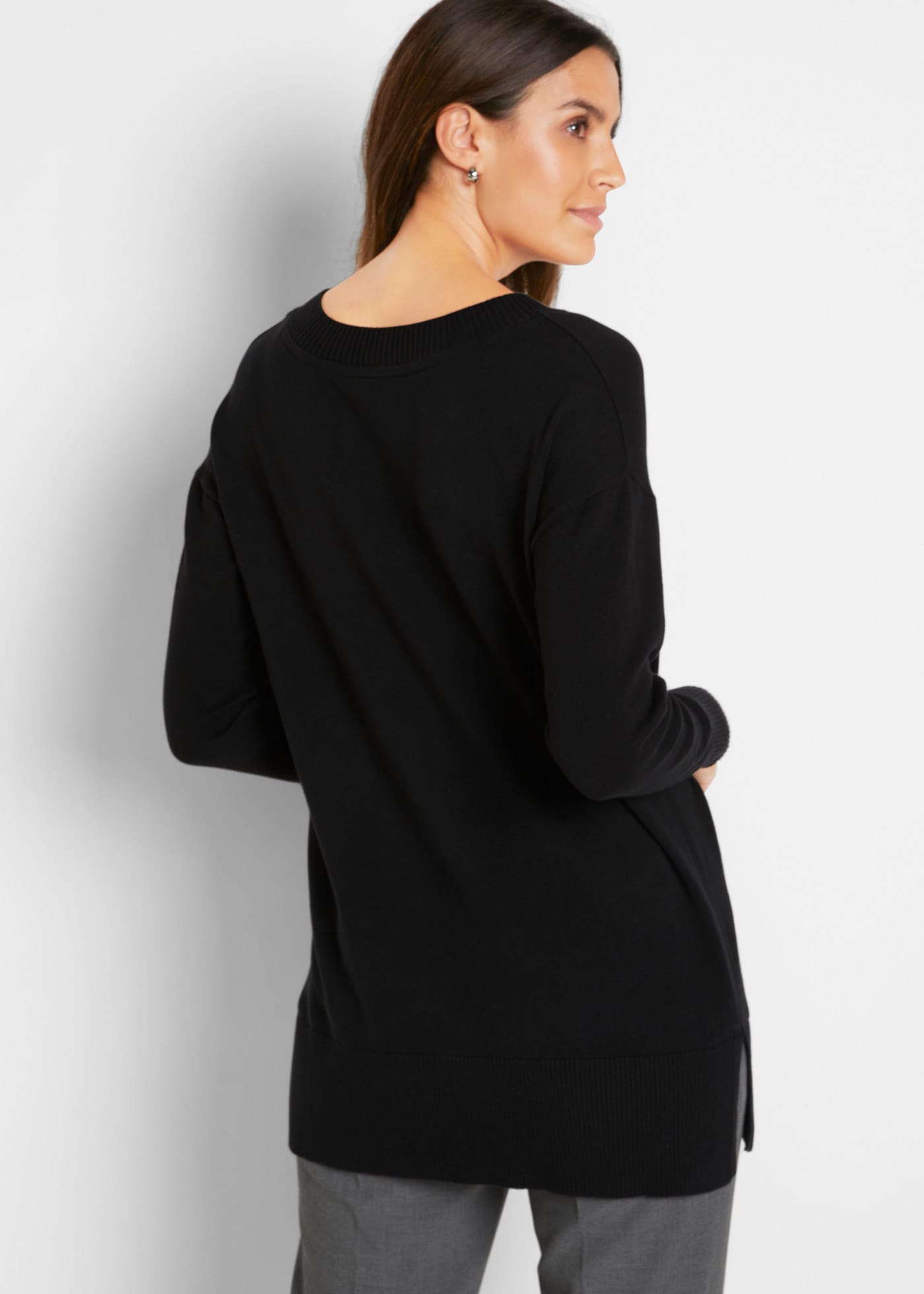 bonprix Longpullover »Long-Pullover« Feinstrick-Baumwollmischung, mit V-Ausschnitt, mit Seitenschlitzen