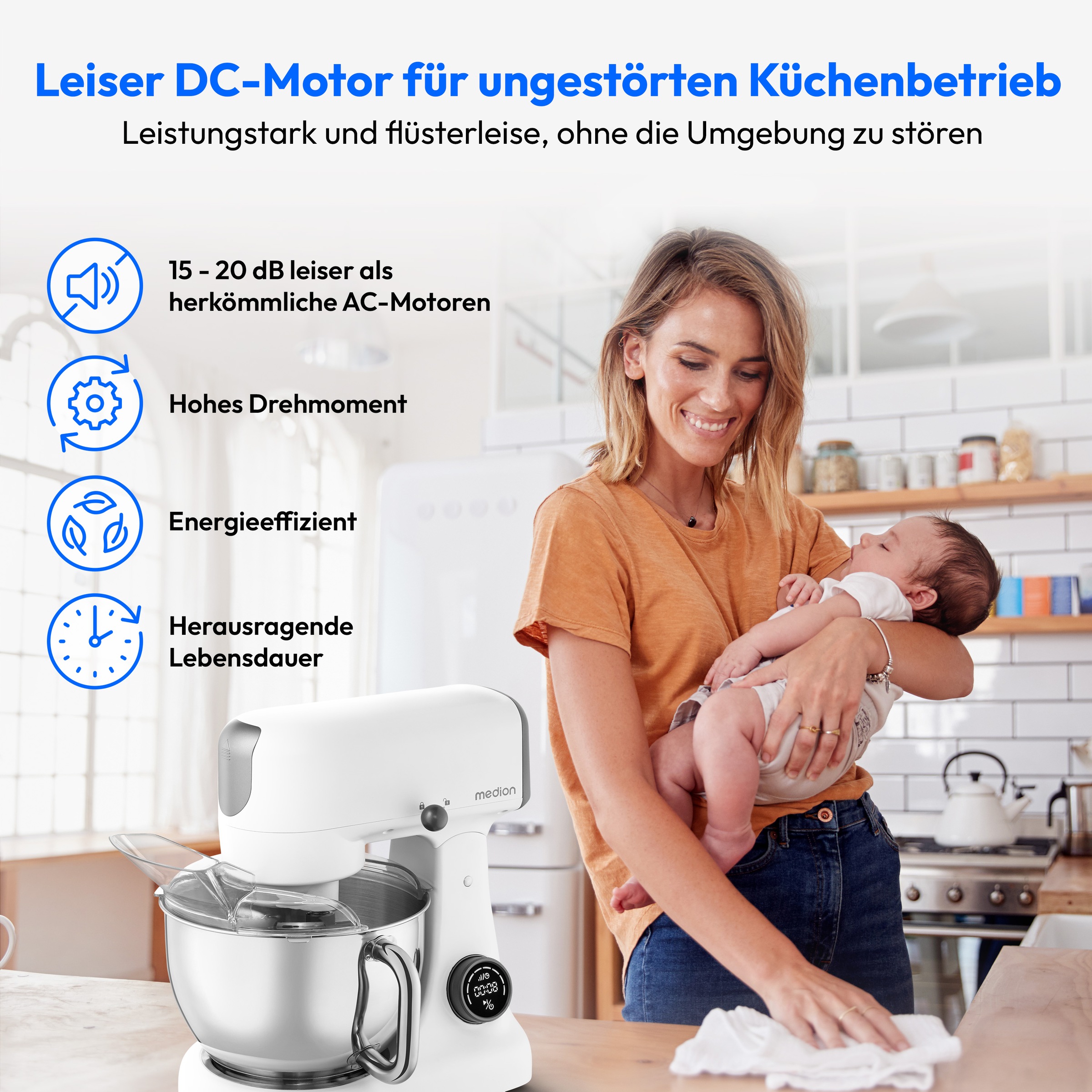 Medion® Küchenmaschine »MD 12600, 8 Geschwindigkeitsstufen, Impulsfunktion, DC-Motor, 4,6 L«, Mit umfangreichem Zubehör-Set, Fleischwolf-Aufsatz, Gemüsereibe