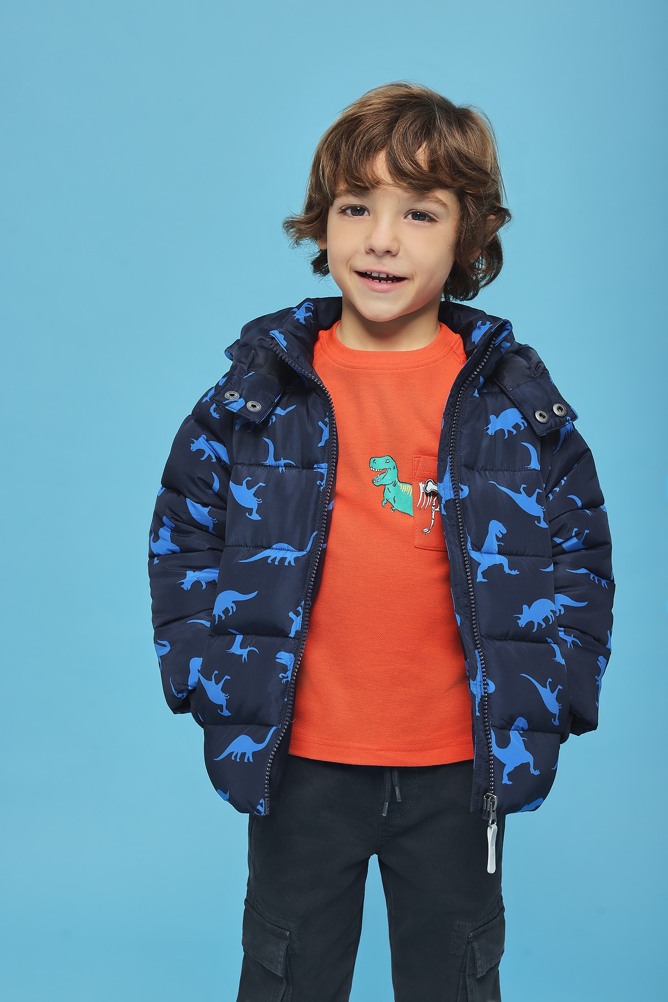 Blue Seven Steppjacke, mit Kapuze, im tollen Dino-Alloverprint