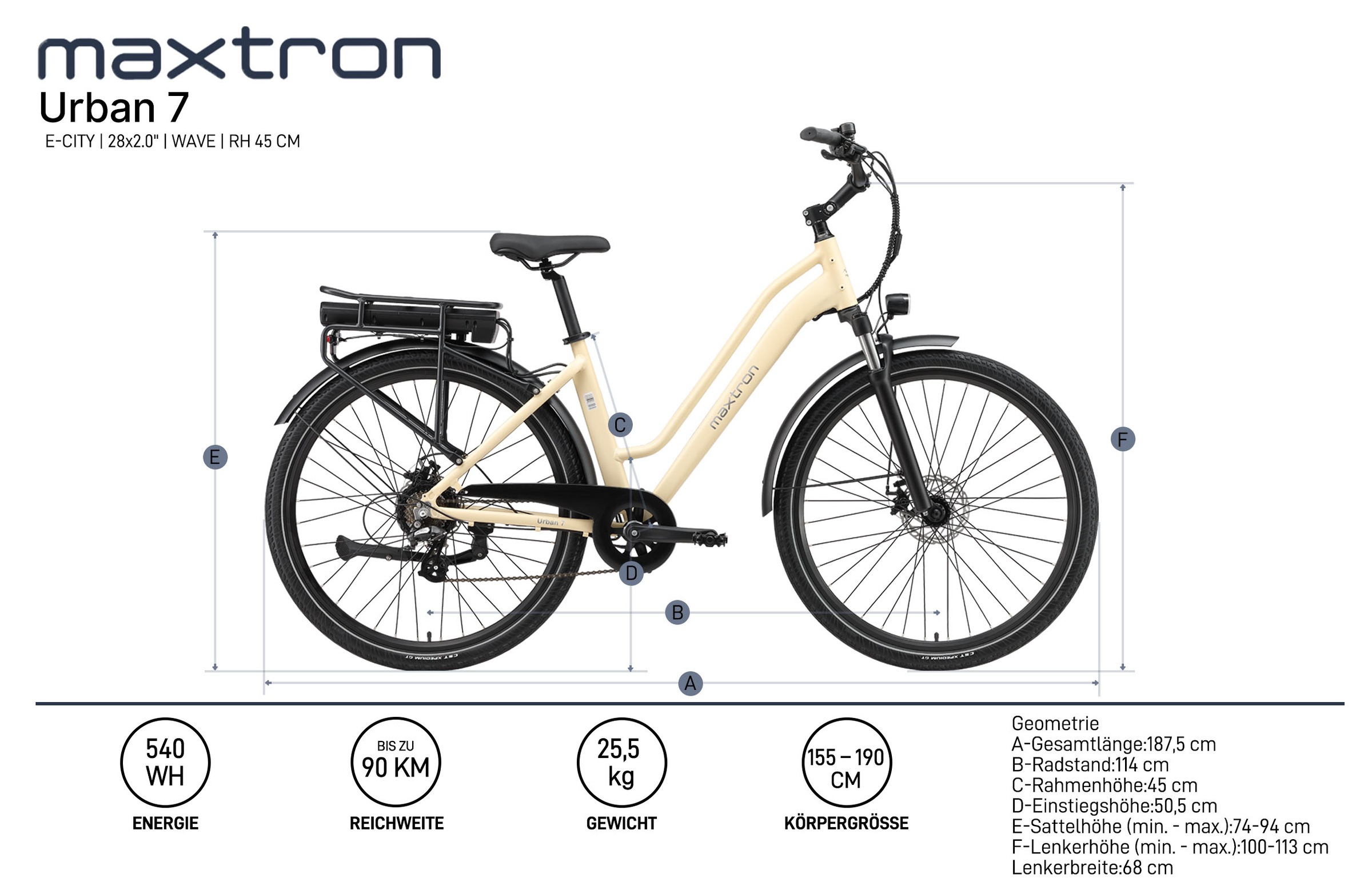 Maxtron »Maxtron Urban 7 E-Citybike 28 Zoll« 7 Gang Shimano Altus Schaltwerk Kettenschaltung Heckmotor 250 W Packung,  Tiefeinsteiger für Damen
