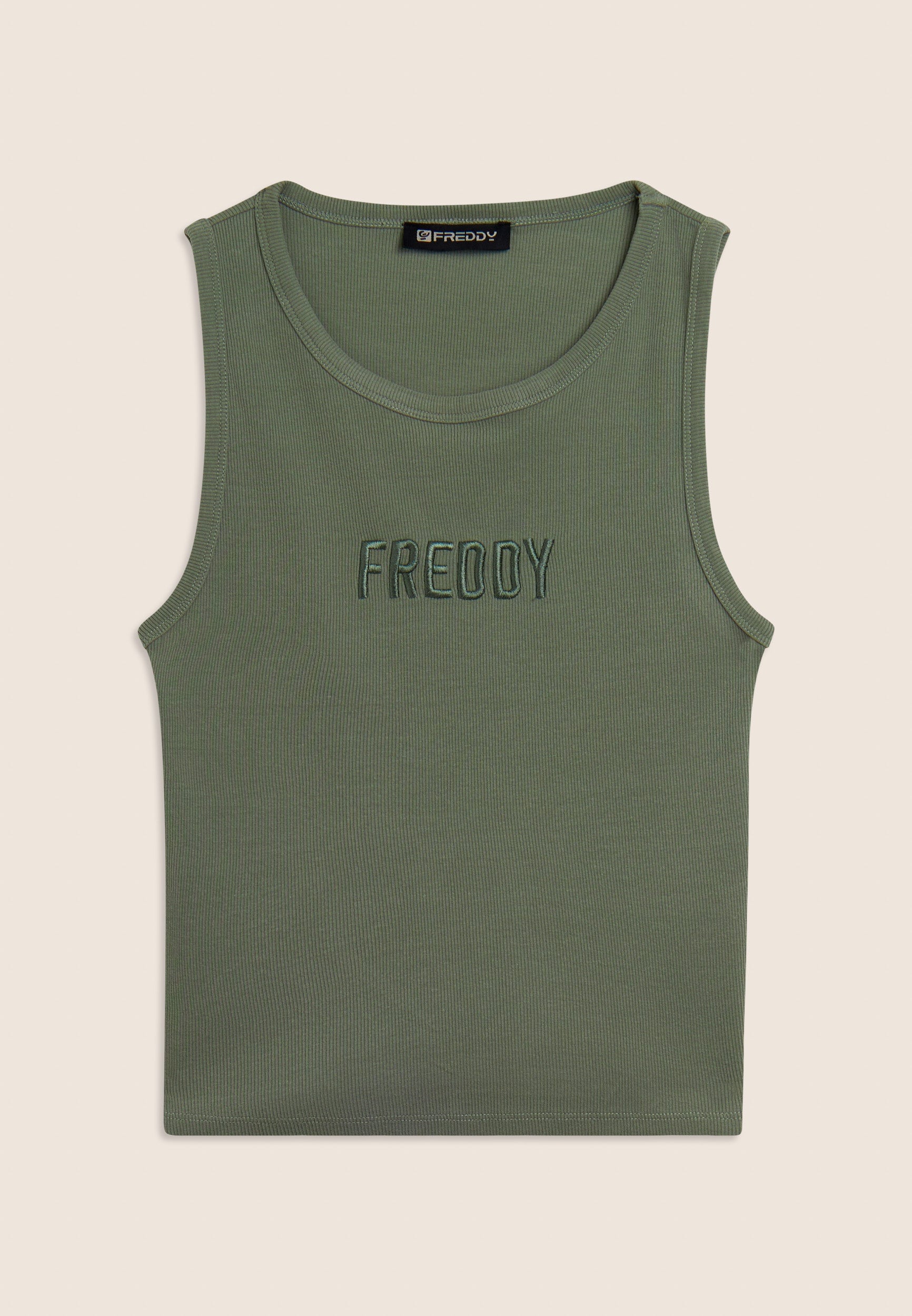Freddy Tanktop fein gerippt, Stretch, Cropped, Logostickerei