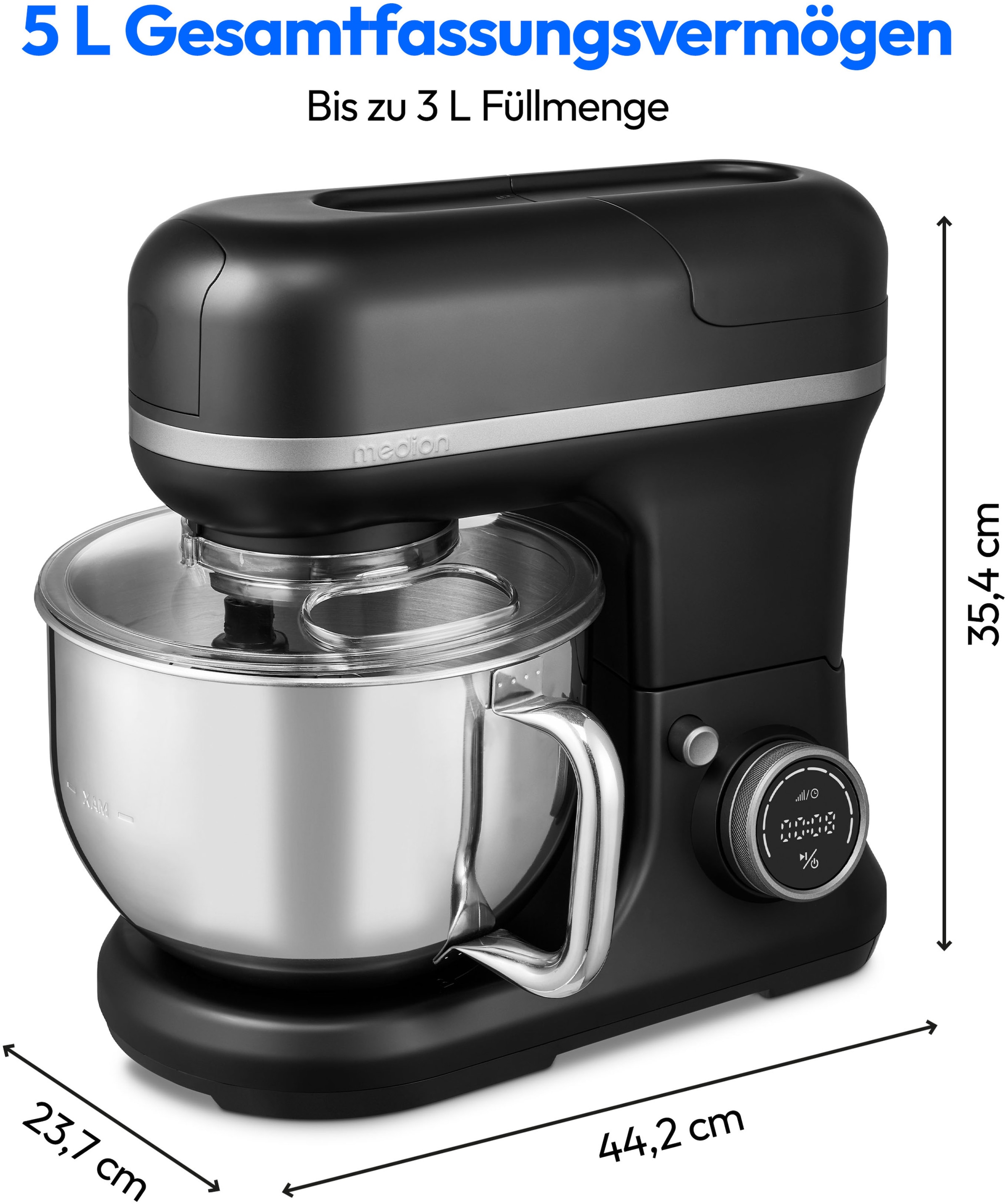 Medion® Küchenmaschine »MD 18442, 8 Geschwindigkeitsstufen, Impulsfunktion, 5L Rührschüssel«, Umfangreiches Zubehör-Set inkl. Eisschüssel für Speiseeiszubereitung