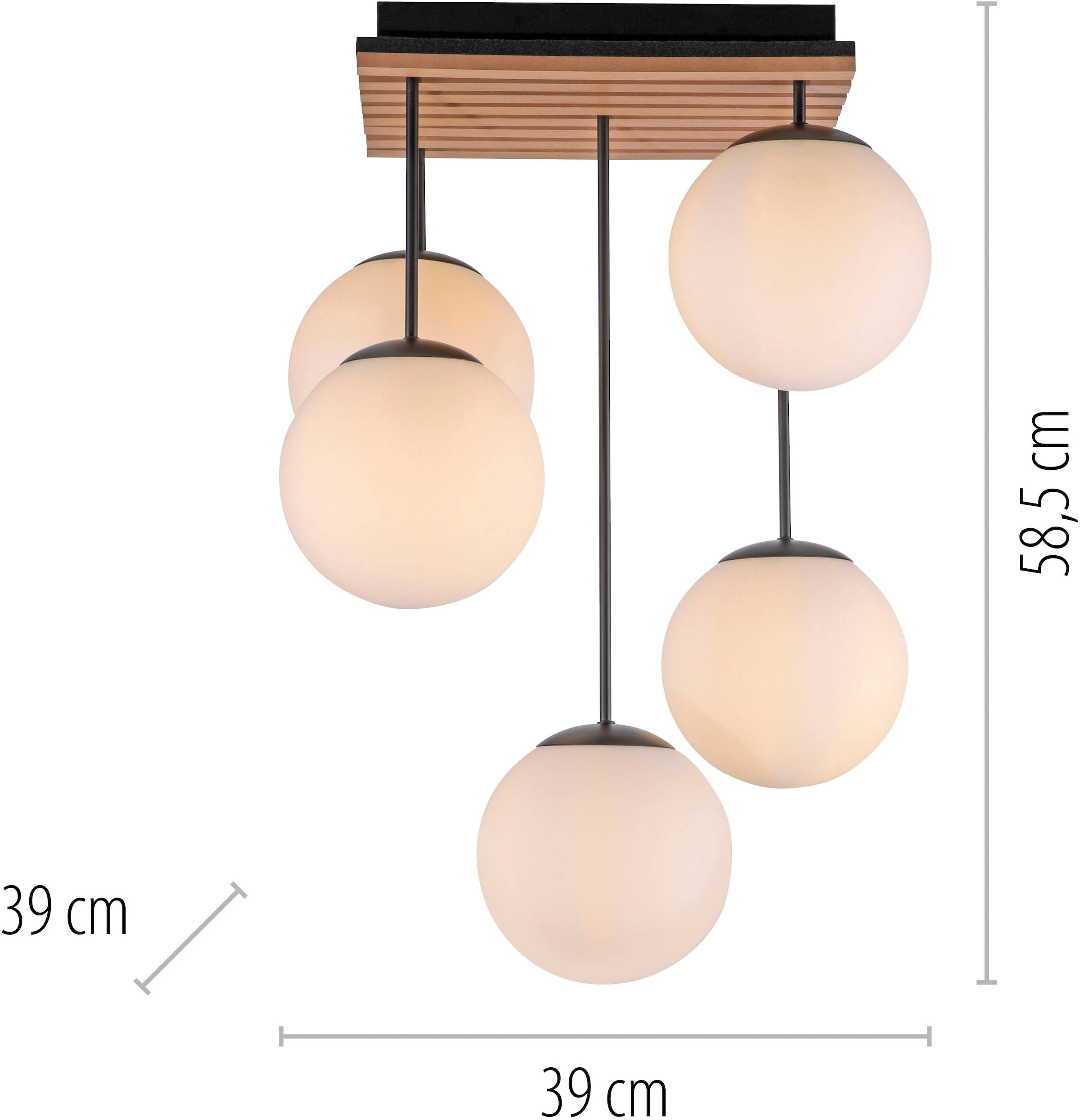 Leonique Deckenleuchte »Erinette Akustikpaneele mit Glaskugeln«, 5 flammig, Leuchtmittel E14 | ohne Leuchtmittel-Leuchtmittel wechselbar, Holz, Akustik, Paneele, Glas, Deckenlampe E14