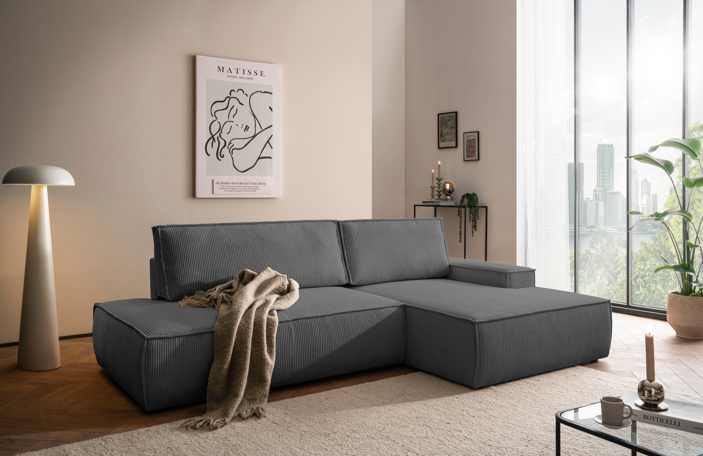 Home affaire Ecksofa »SHERWOOD, Schlafsofa in L-Form offen (275cm), Cord, Leinenoptik«, Schlaffunktion und Bettkasten, Kedernaht, hoher Sitz- & Liegekomfort
