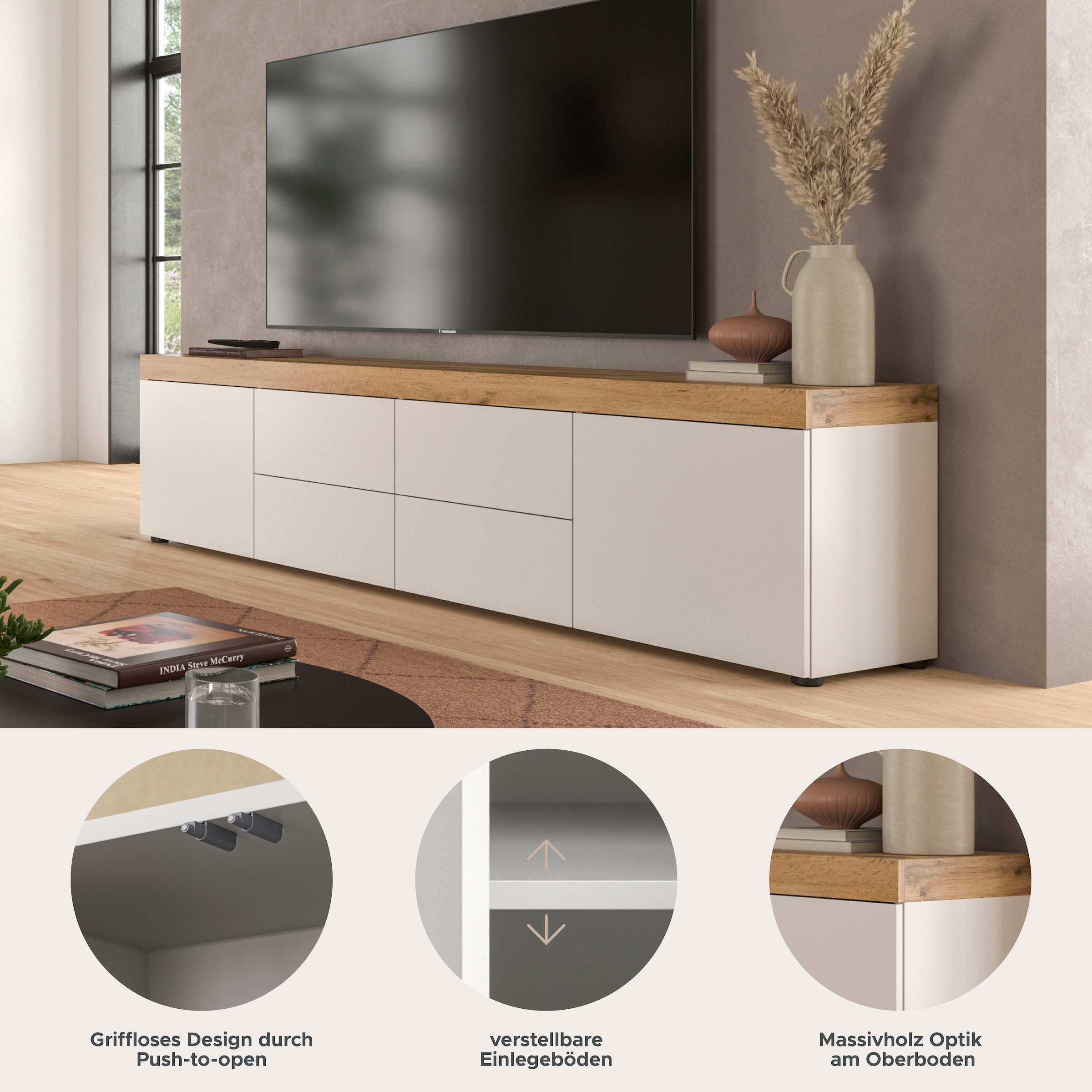 OTTO home Lowboard »MAMBO, Breite 200 cm, Höhe 54 cm« 1 Stk. tlg. Lowboard, TV Unterschrank, Tv-Schrank, Wohnzimmer