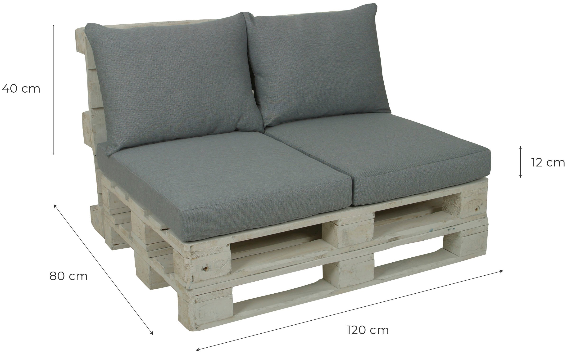 GO-DE Palettenkissen, 60x80 cm, 12 cm gepolstert, 2 Sitz- und 2 Rückenkissen für 1 Palette