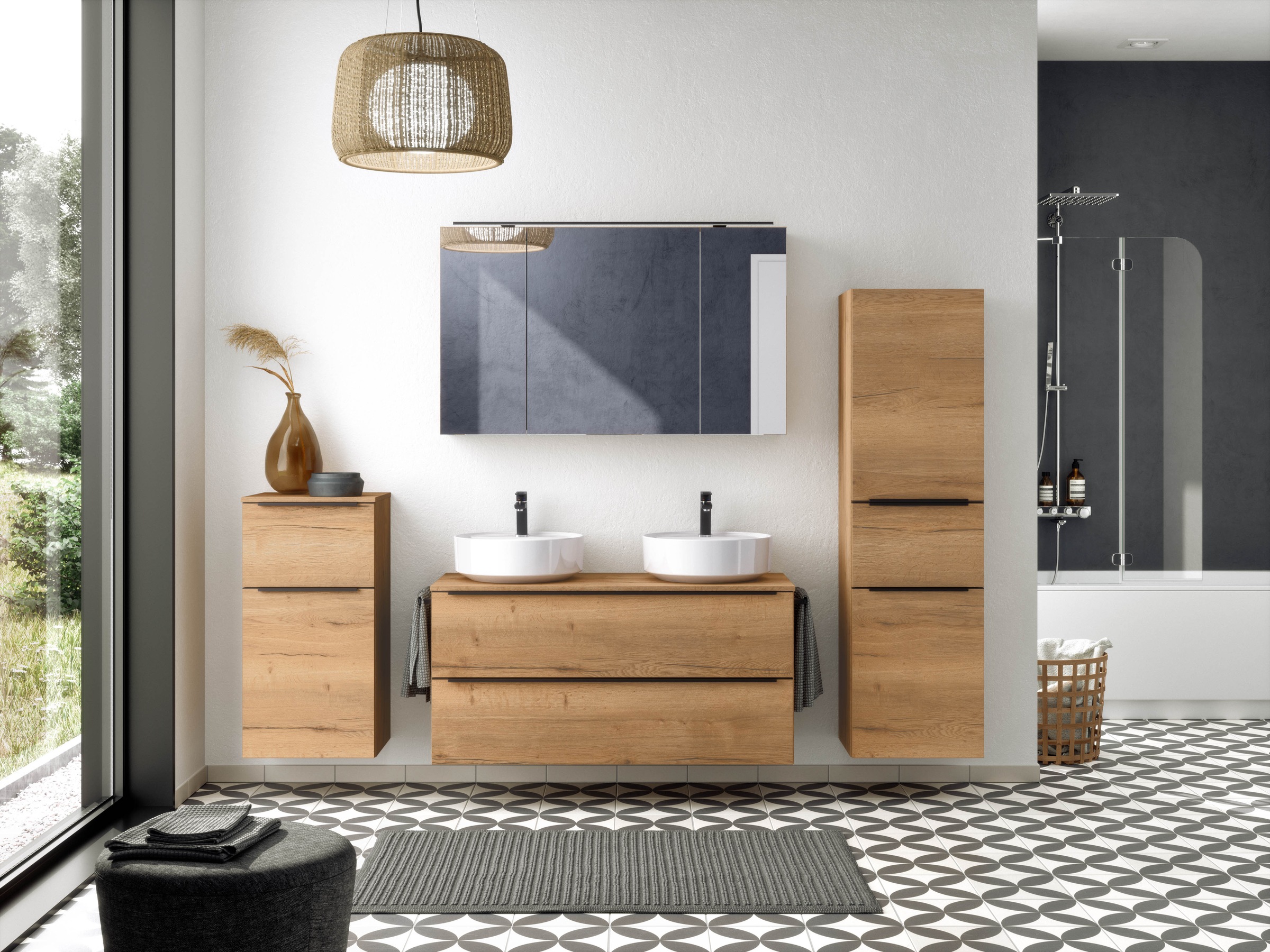 nobilia® Badmöbel-Set »Alvene«, (2 St., vormontiert, mit Soft-Close), inkl. Spiegelschrank mit Beleuchtung und Dimmerfunktion, in 4 Breiten
