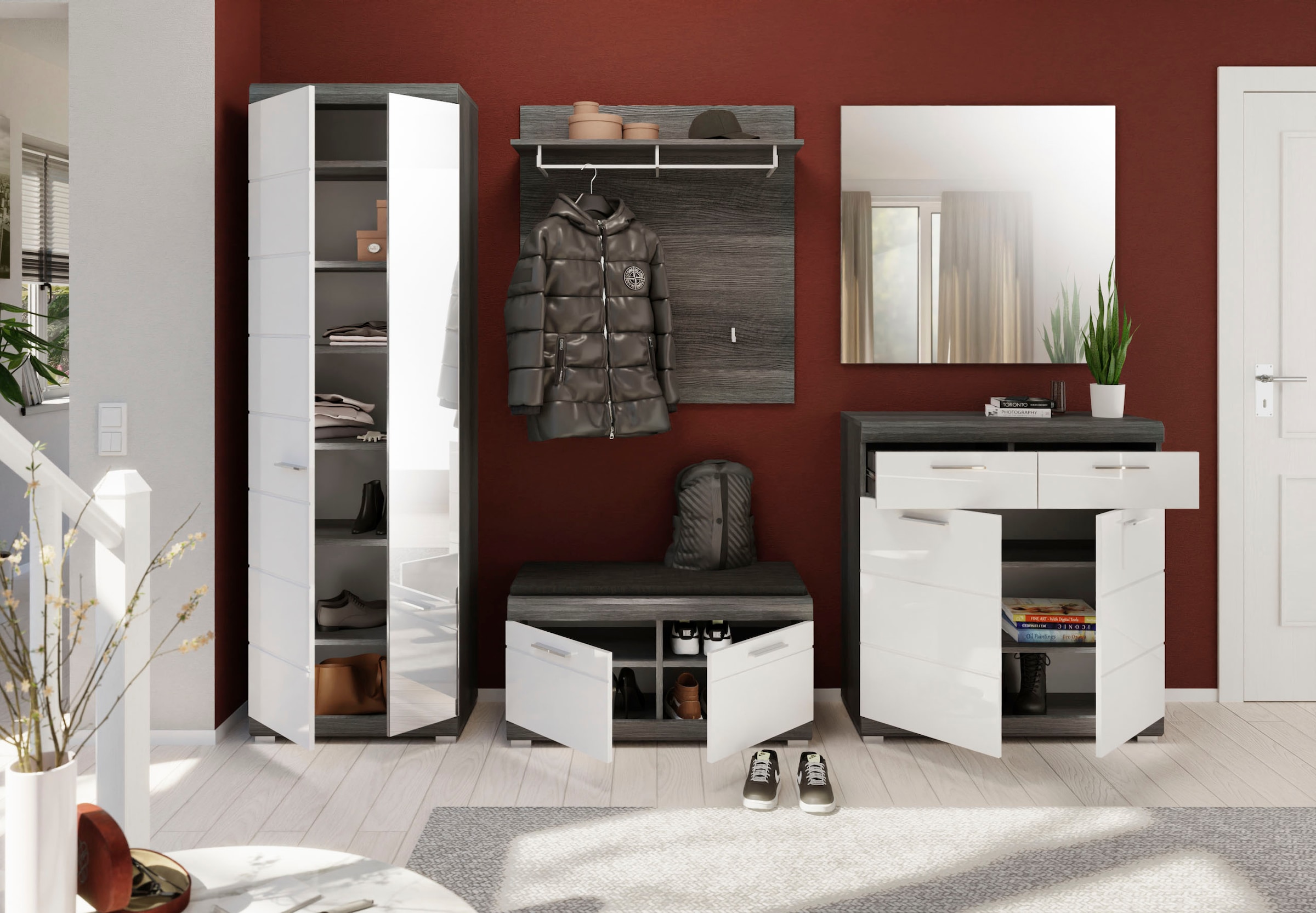 INOSIGN Garderoben-Set »Siena, Fronten mit hochwertiger Rillenfräsung, 4-teilig,bestehend aus:«, (4 St.), Sitzbank, Garderobenpaneel, Schuhschrank & Garderobenspiegel