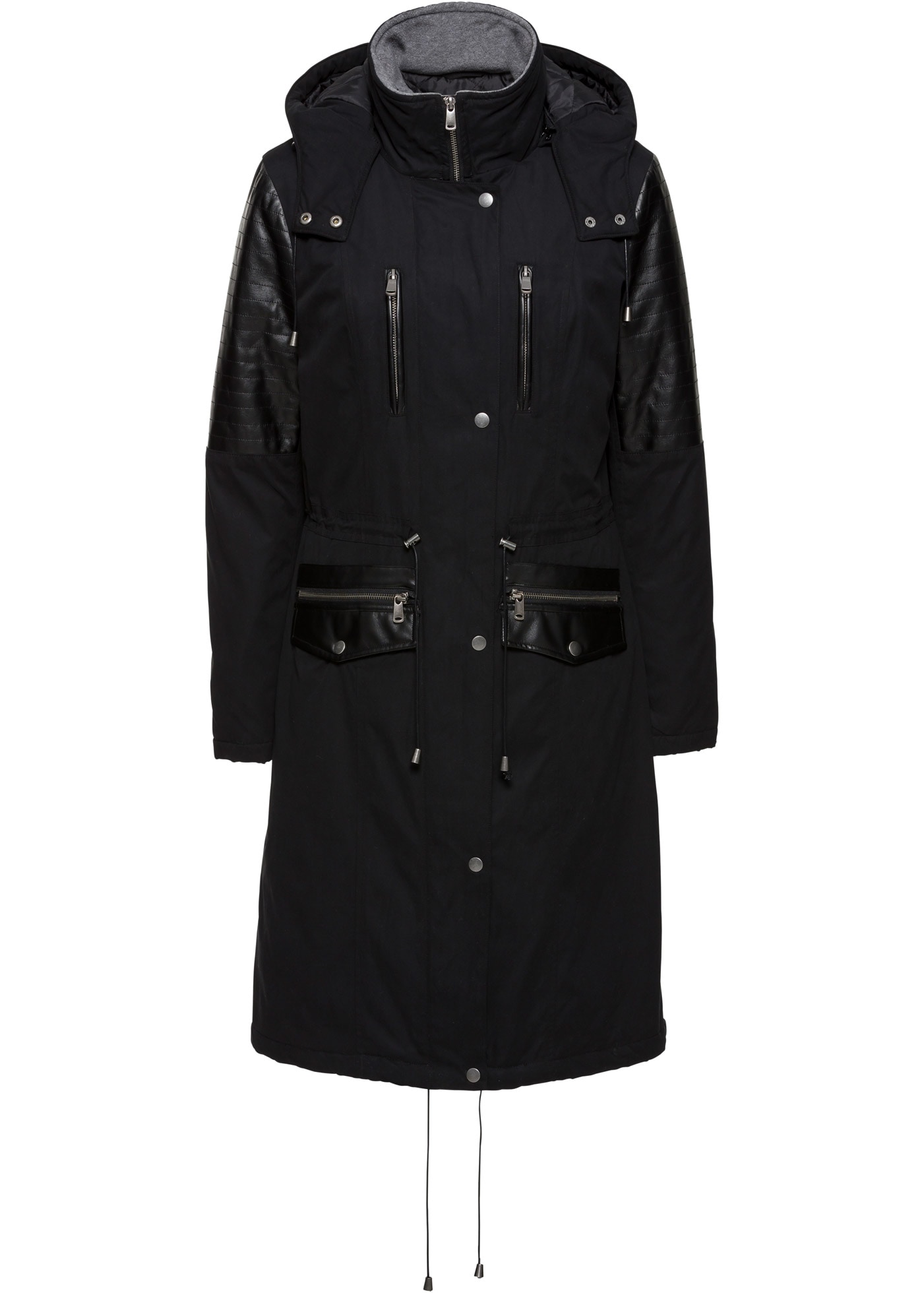 bonprix Langjacke mit Kapuze Winterjacke mit Kapuze als Long-Parka mit Lederimitateinsatz