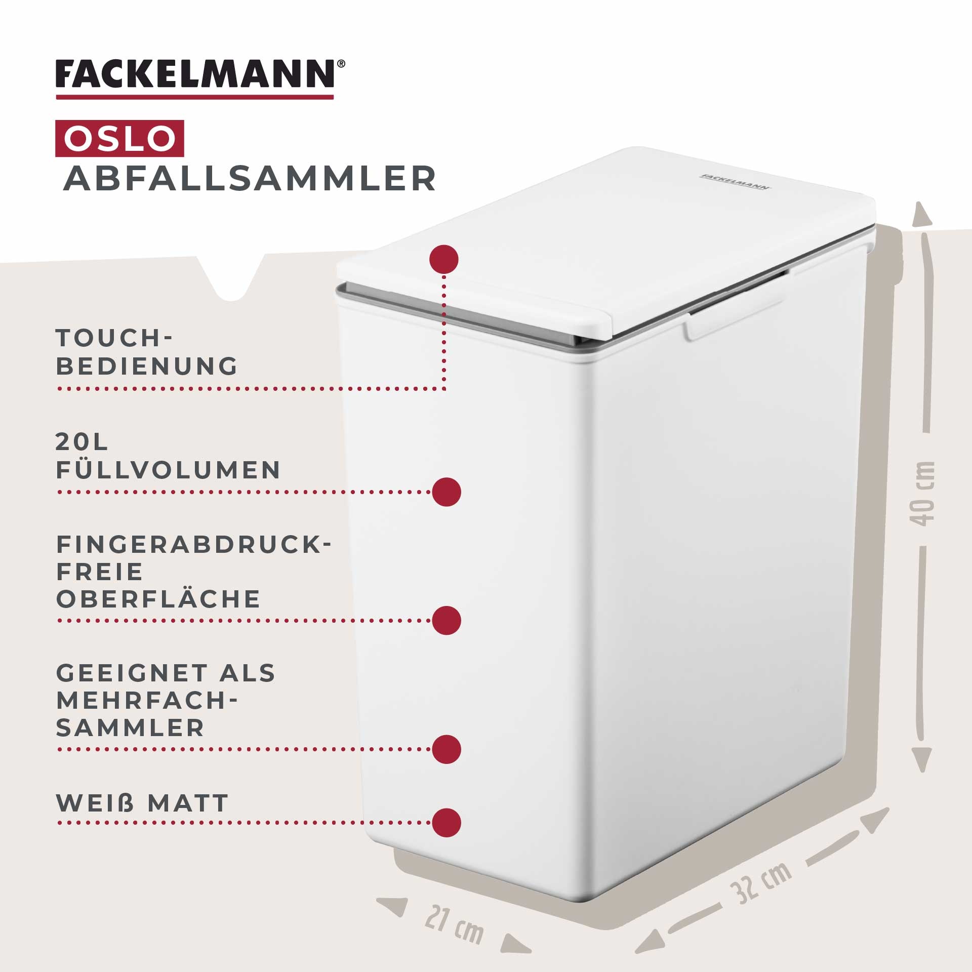 FACKELMANN Mülleimer »OSLO, Touch Abfalleimer«, 1 Behälter, ideal als Mehrfachsammler, leicht & robust mit sanfter Touch-Öffnung