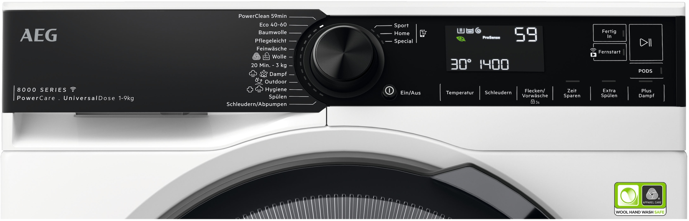 AEG Waschmaschine 8000 PowerCare »LR8E75490« 9 kg 1400 U/min UniversalDose: löst PODS®/Caps 60 % schneller auf für beste Reingung