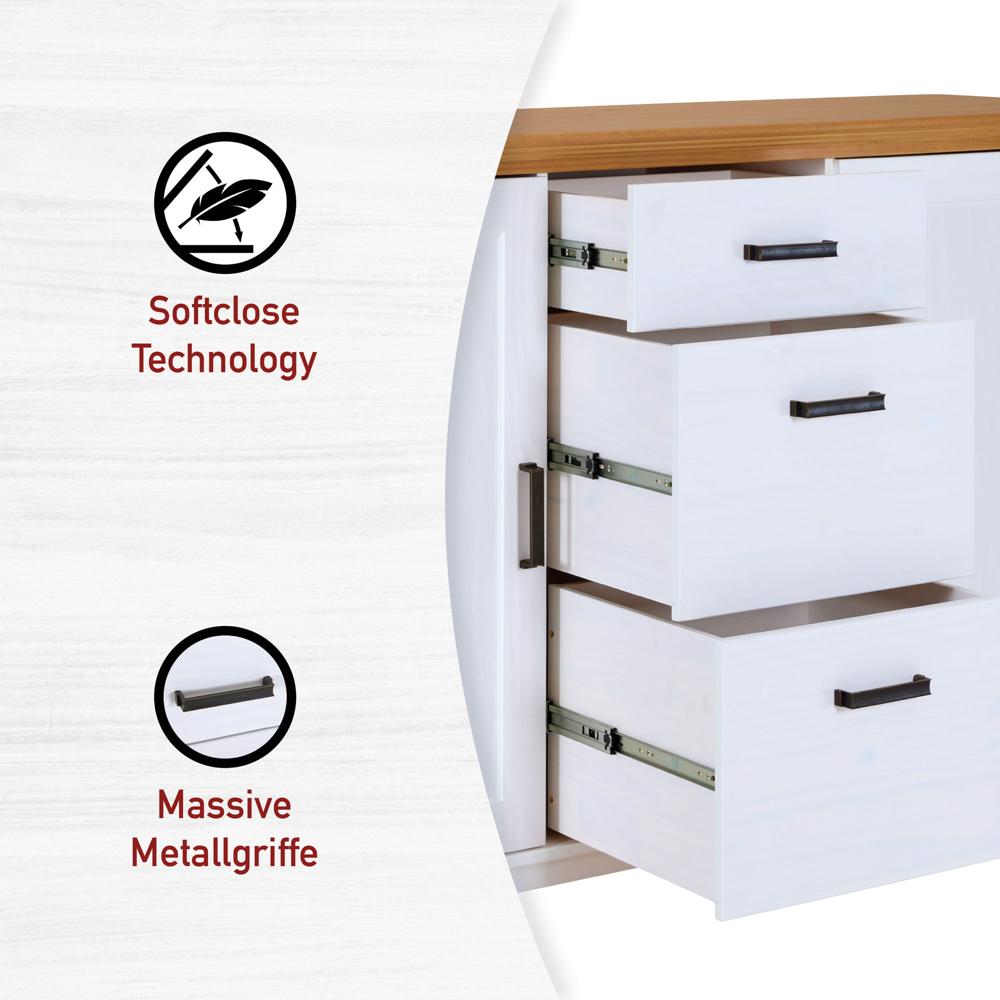 Inter Link Sideboard »Sideboard Maluno« 1 Stk. tlg. Kiefer Massiv, Soft-Close, Stauraum, BxTxH: ca. 166,4 x 48,3 x 104 cm