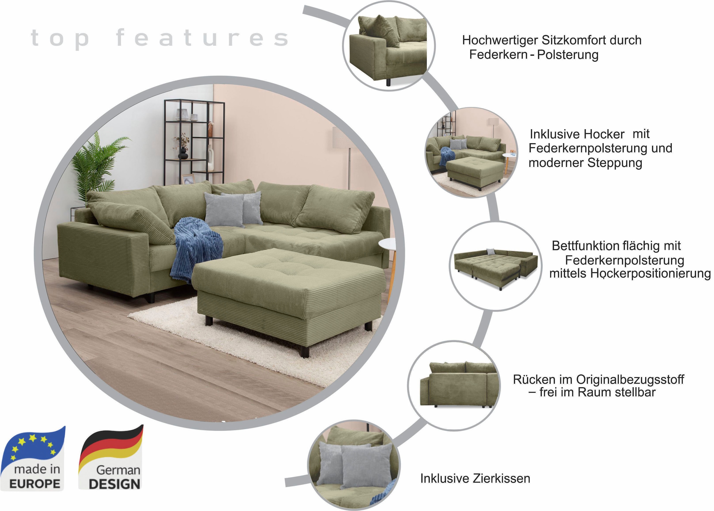 OTTO home Ecksofa »Antonia L-Form, B: 215 cm« Ecksofa, Rückenkissen, ottomane beidseitig montierbar, Bonnelfederkern