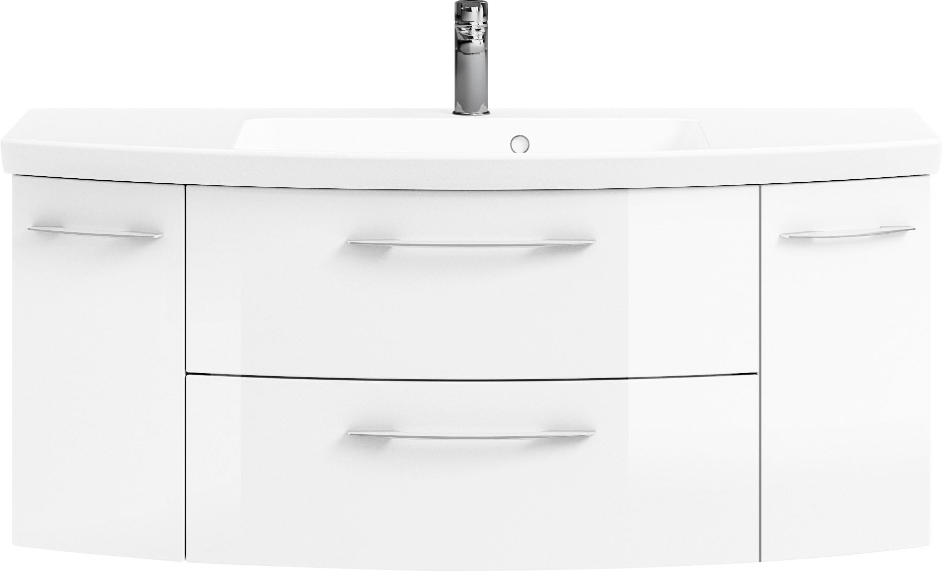 Saphir Badmöbel-Set »Cassca Sprint 4-teilig Mineralmarmor-Waschtisch mit LED-Spiegelschrank«, (5 St.), Midischrank, Unterschrank, inkl. Türdämpfer, 7 Türen, 5 Schubladen